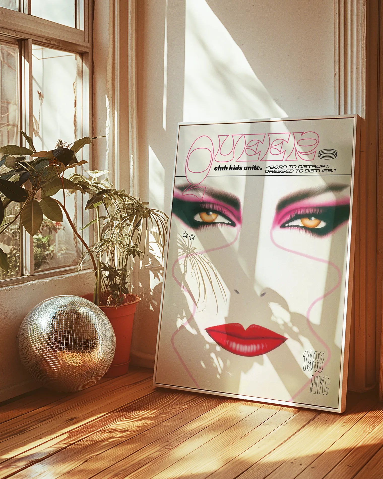 A print with an illustrated face with makeup and the text 'Queer Club Kids Unite'.