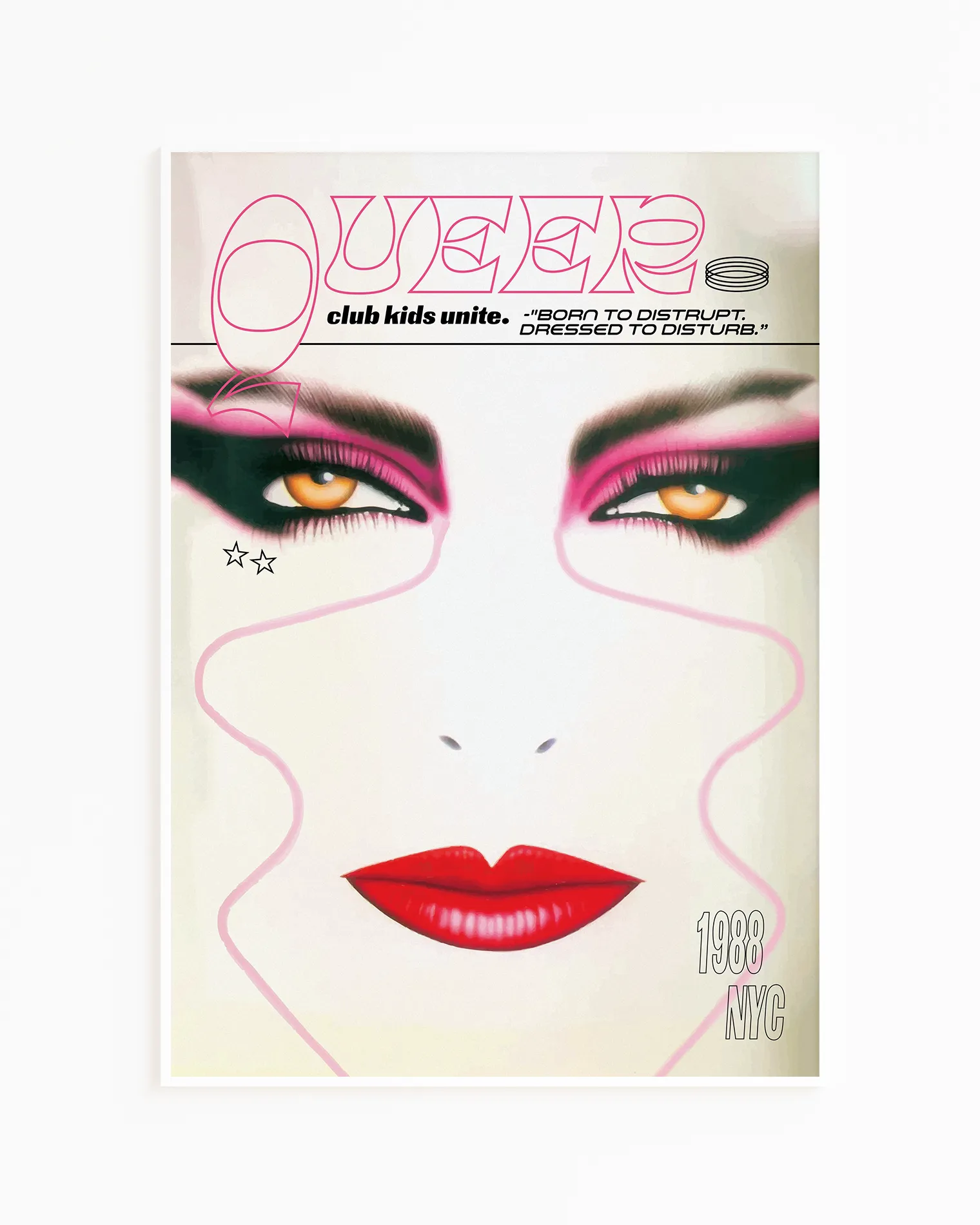 A print with an illustrated face with makeup and the text 'Queer Club Kids Unite'.