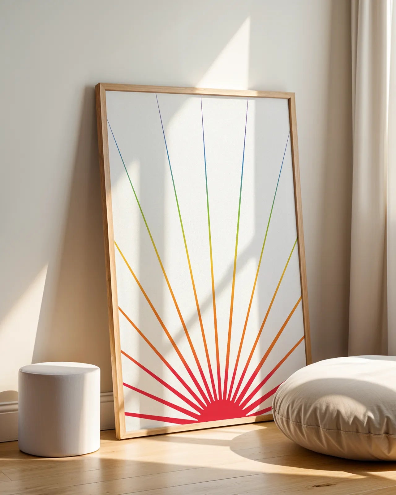 A print with an illustrated sun in pride colours agains a beige background.