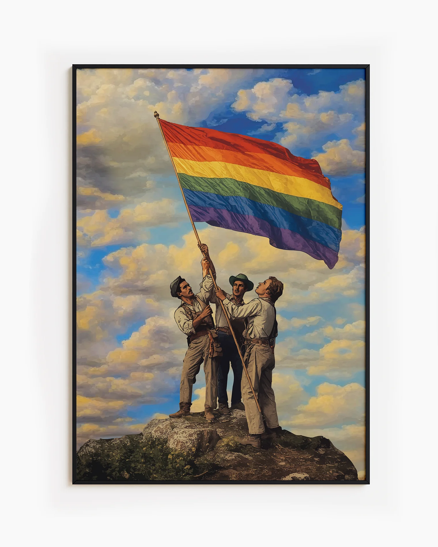 A framed poster with three gay men raising a Pride flag together, symbolizing unity, courage, and the ongoing fight for LGBTQIA+ rights.