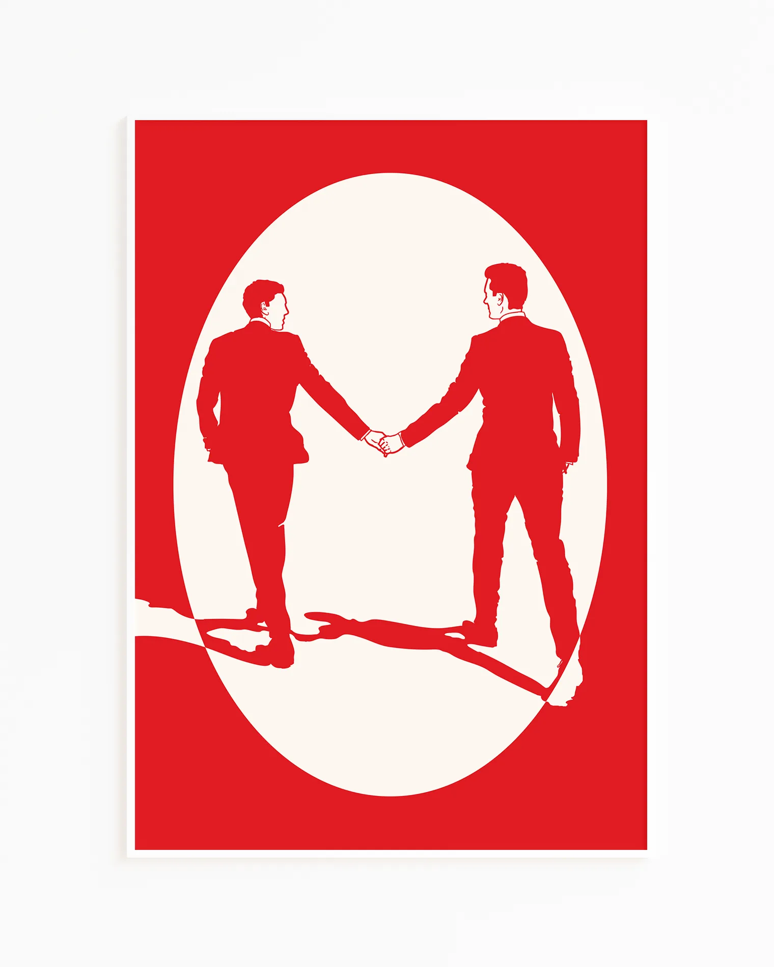 A print with an illustrated male couple in suits, walking hand in hand against a red background.