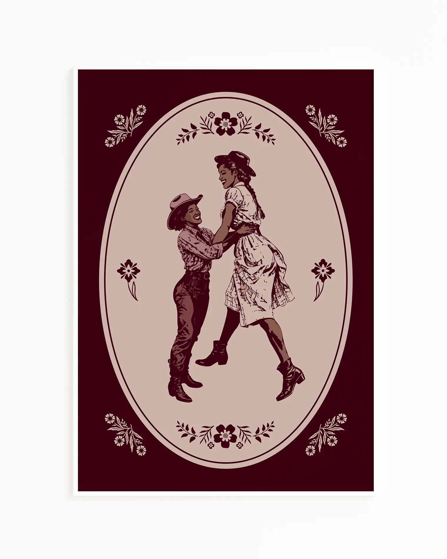 A print with two illustrated lesbian cowgirls in a loving, playful pose.