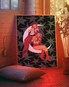 A print with two illustrated, sapphic cowgirls sitting on a moon.