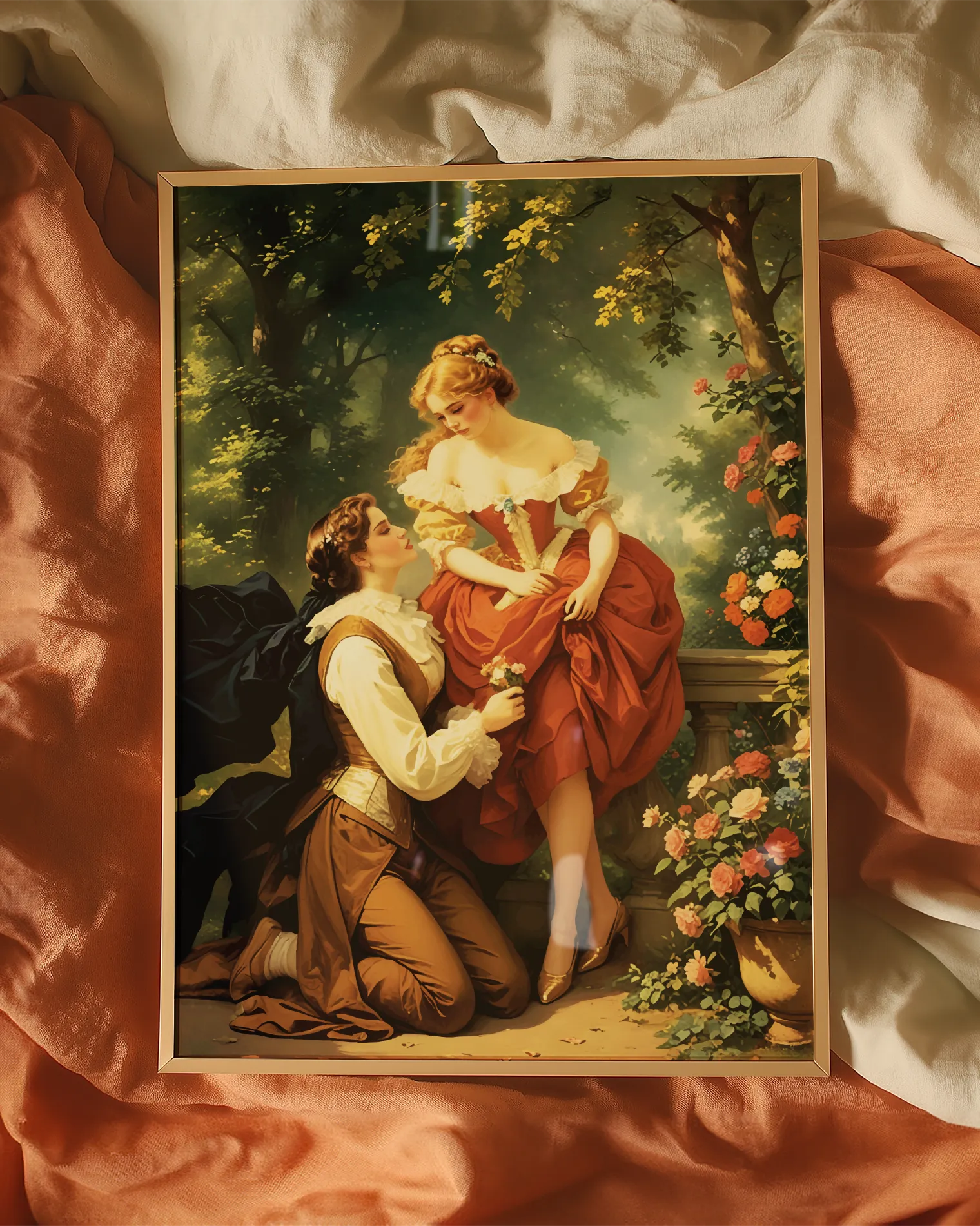 A print with a sapphic couple in a romantic park, Victorian Era.