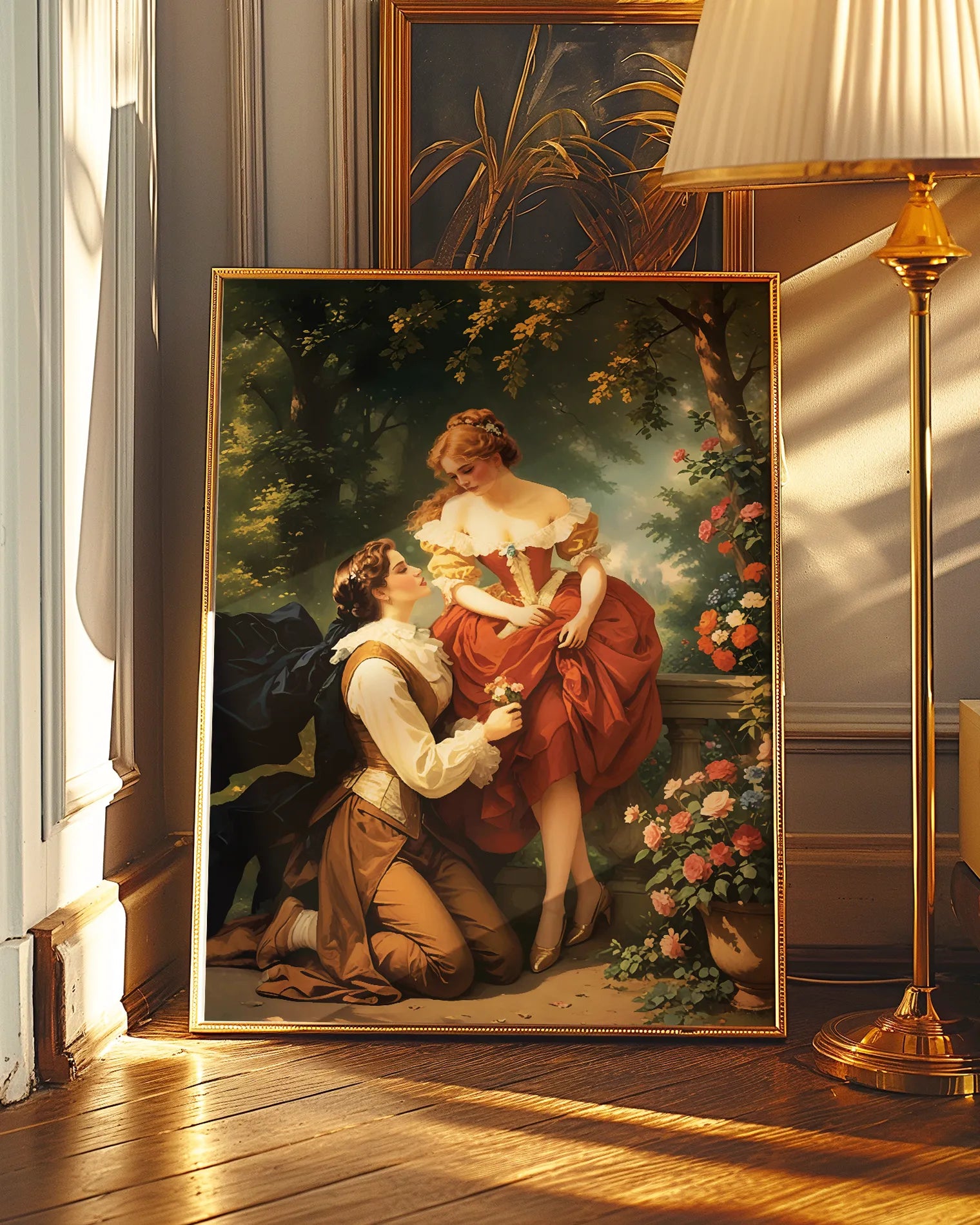 A print with a sapphic couple in a romantic park, Victorian Era.