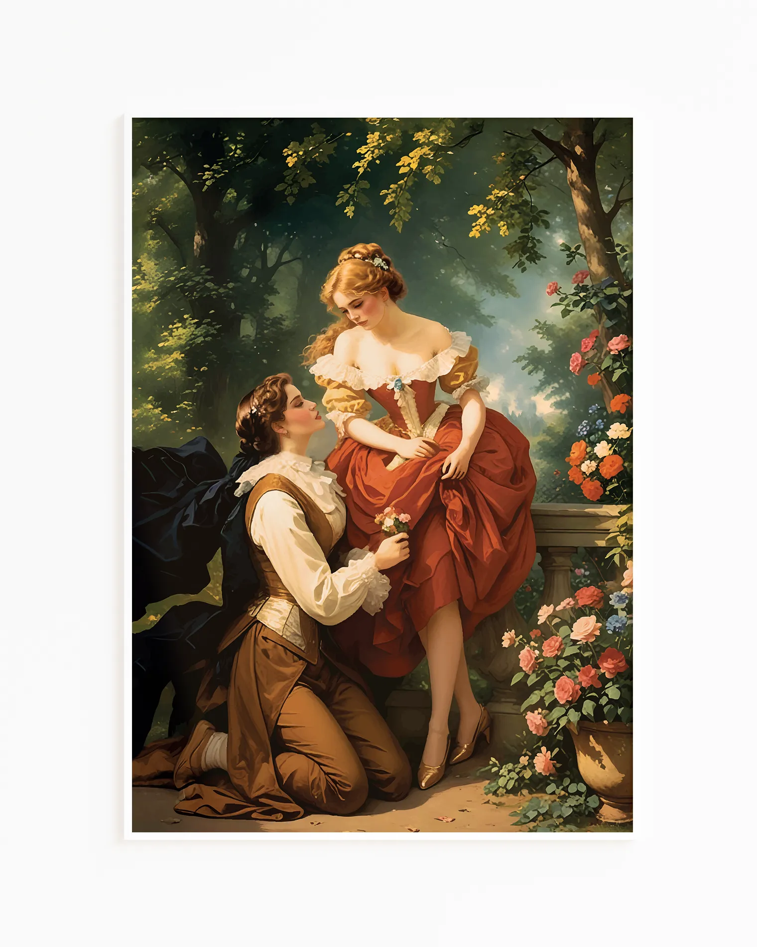 A print with a sapphic couple in a romantic park, Victorian Era.