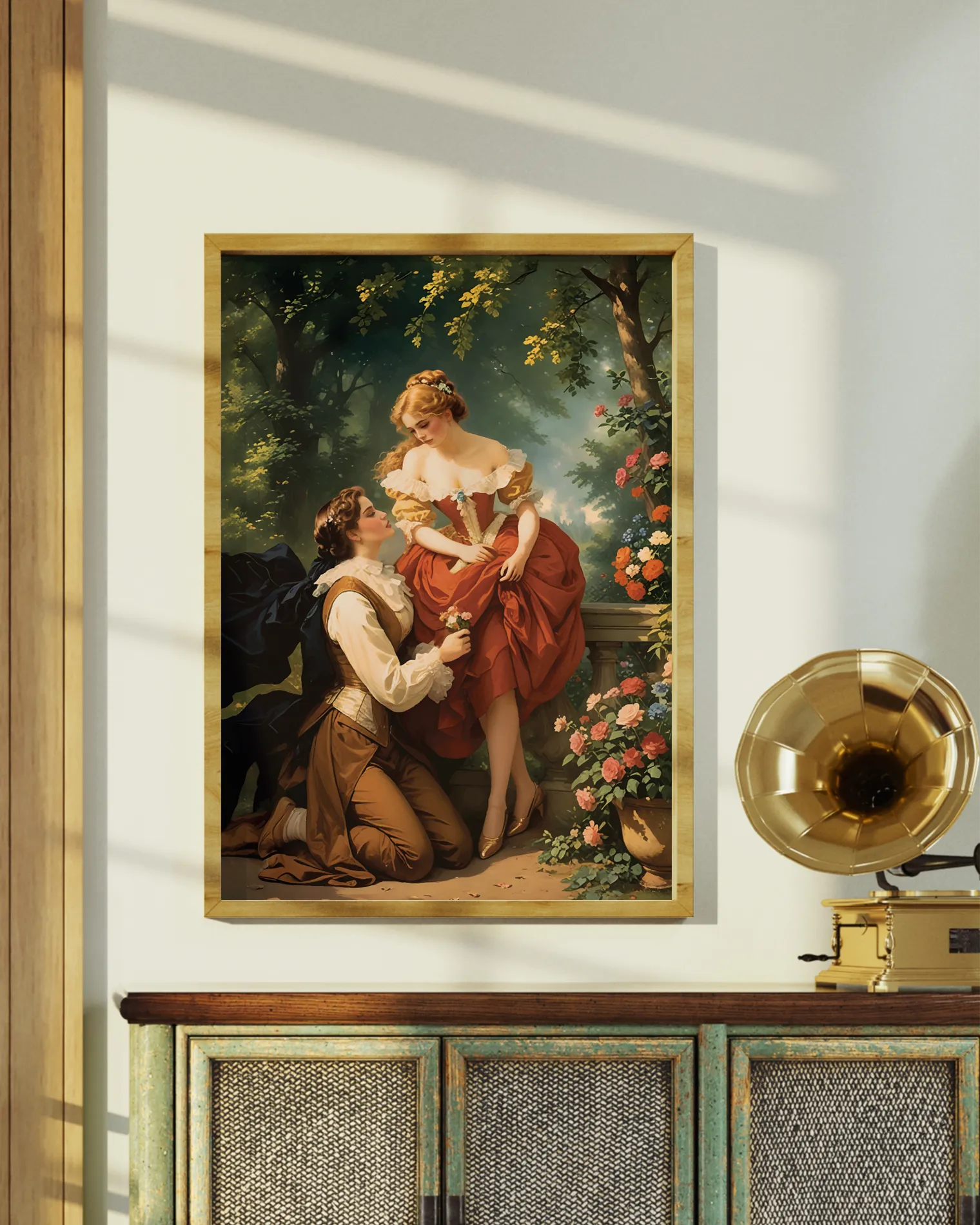 A print with a sapphic couple in a romantic park, Victorian Era.