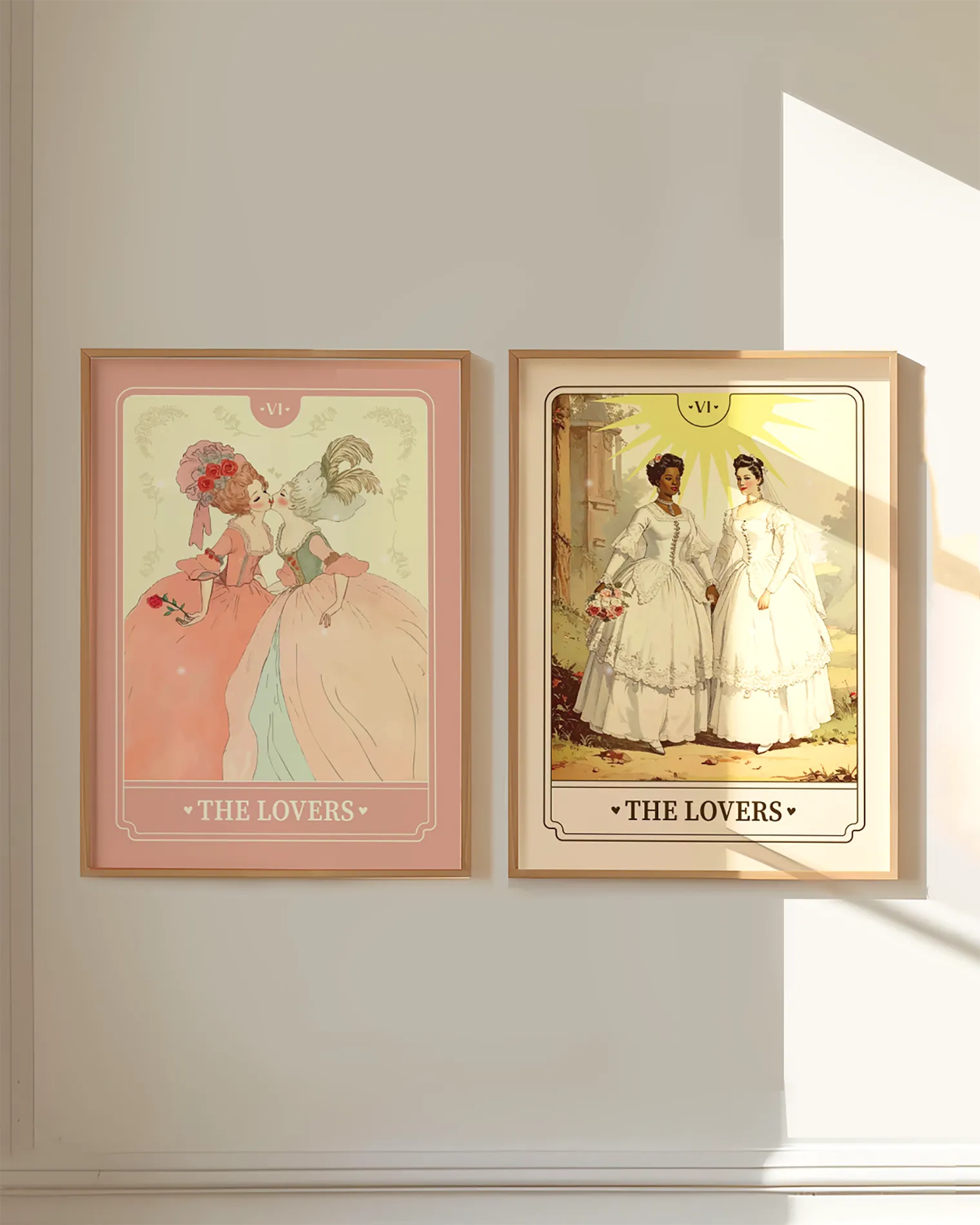 Two framed prints with sapphic lovers from the Rococo era, in card deck style.