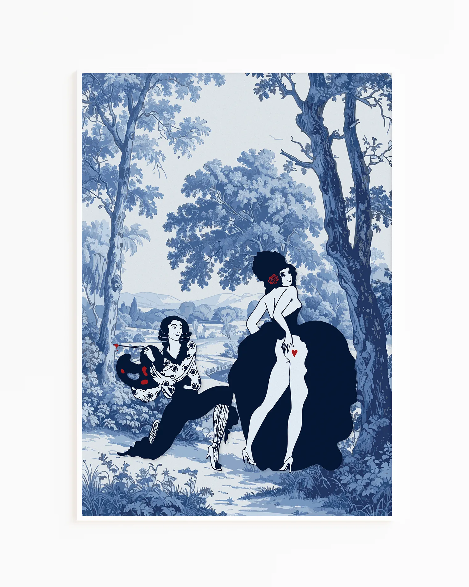 A print with two sapphic women in a romantic forest.