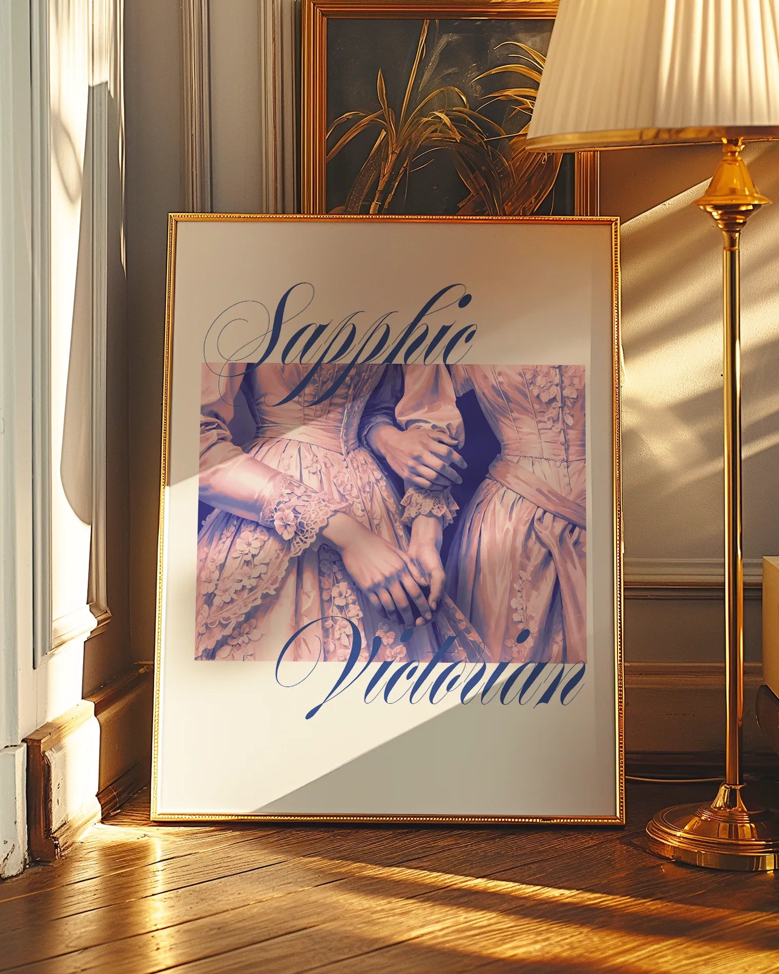 A print with an illustrated, victorian sapphic couple.