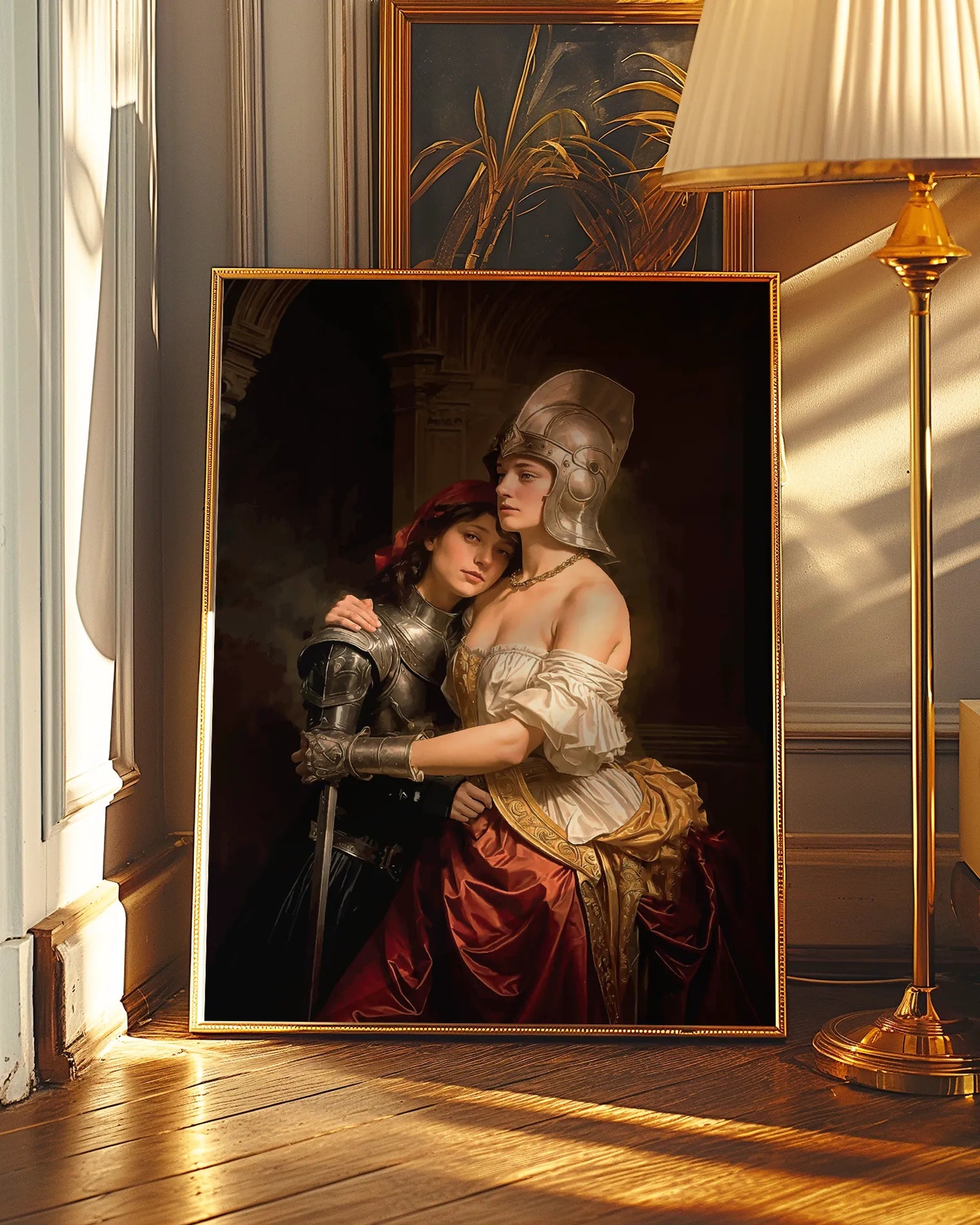 A print with a sapphic, lesbian warrior couple, Renaissance era.