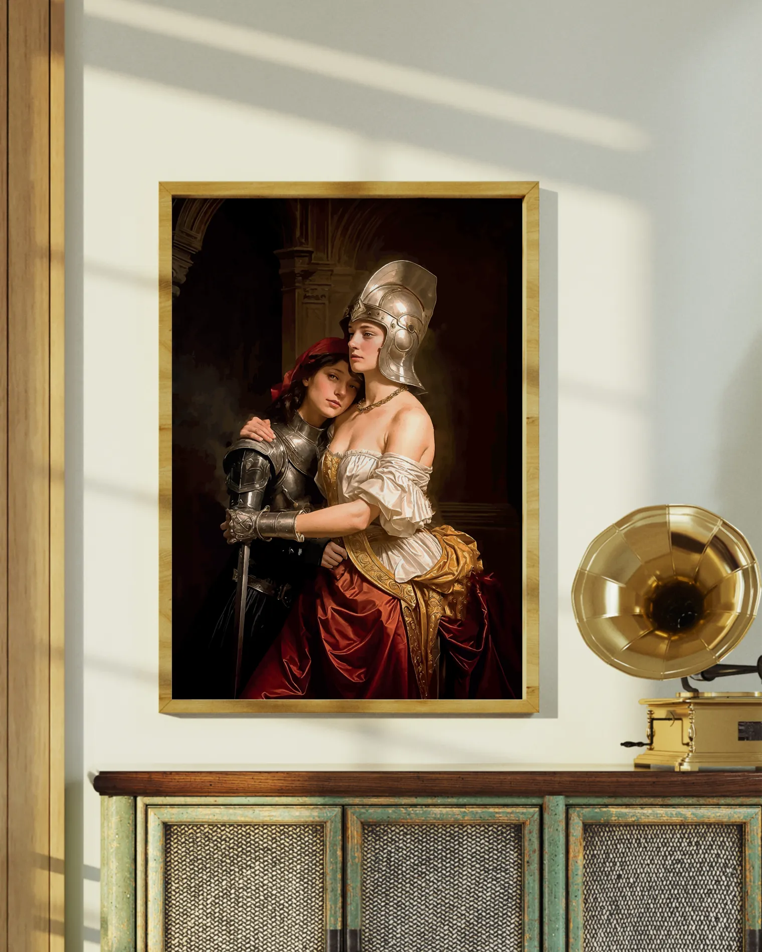 A print with a sapphic, lesbian warrior couple, Renaissance era.