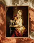 A print with a sapphic, lesbian warrior couple, Renaissance era.