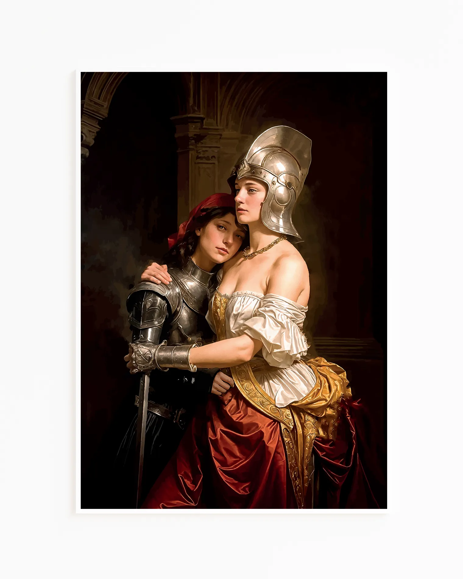 A print with a sapphic, lesbian warrior couple, Renaissance era.