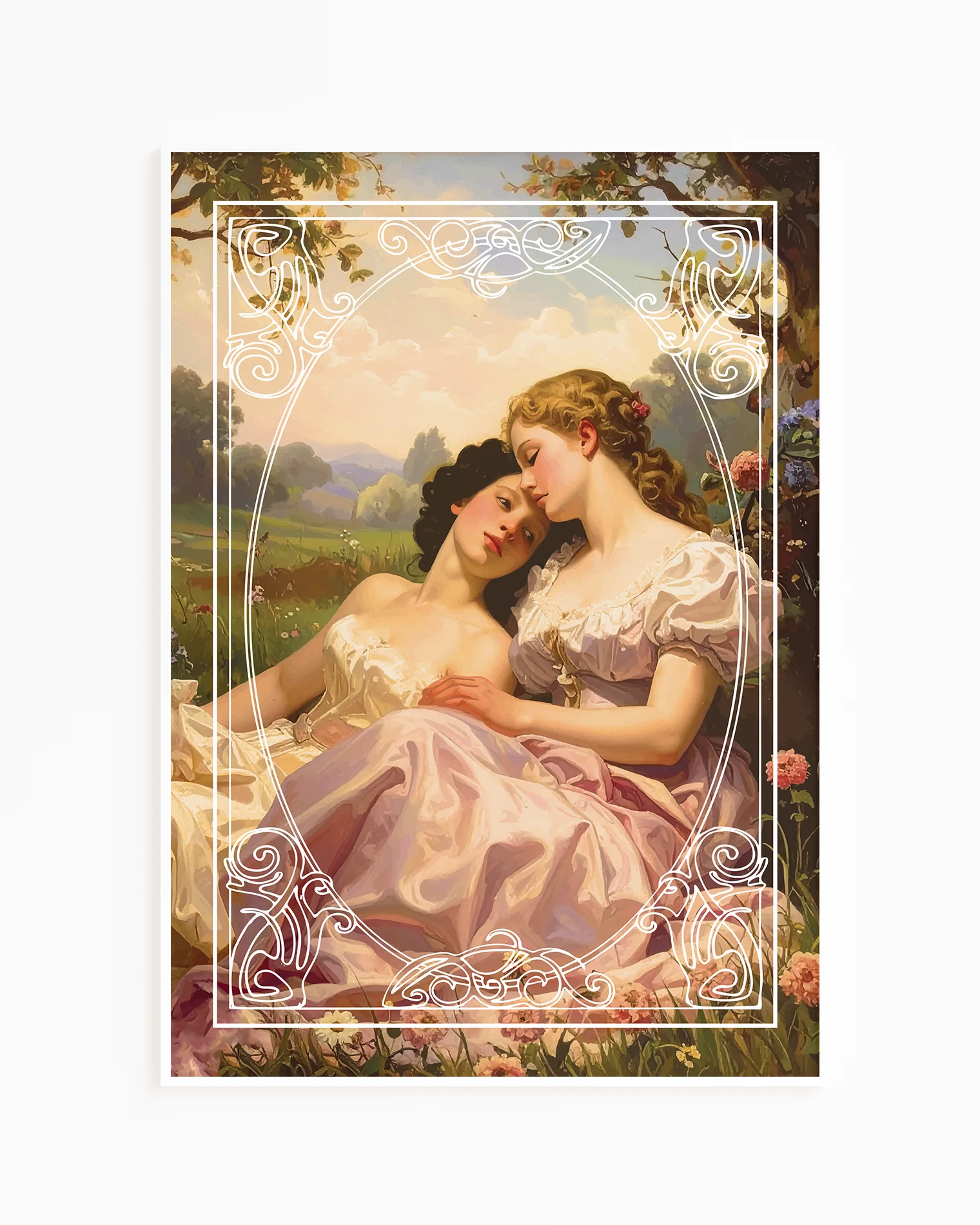 The poster features two sapphic ladies in an oil painting style, set in the Victorian era, surrounded by a detailed white frame.