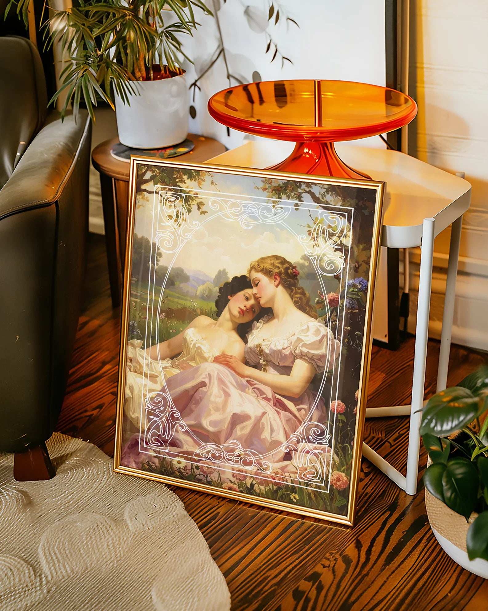 The poster features two sapphic ladies in an oil painting style, set in the Victorian era, surrounded by a detailed white frame.