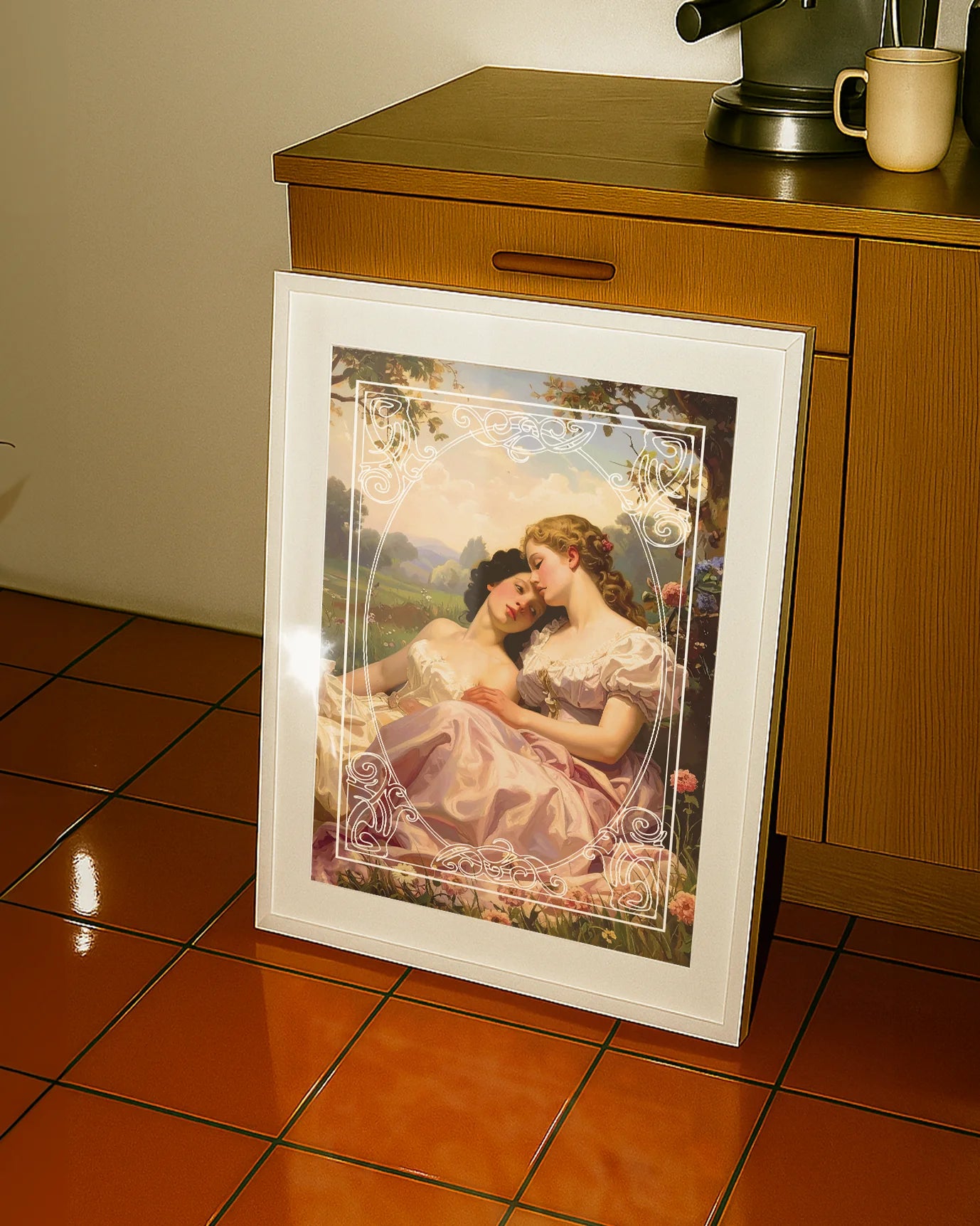 The poster features two sapphic ladies in an oil painting style, set in the Victorian era, surrounded by a detailed white frame.