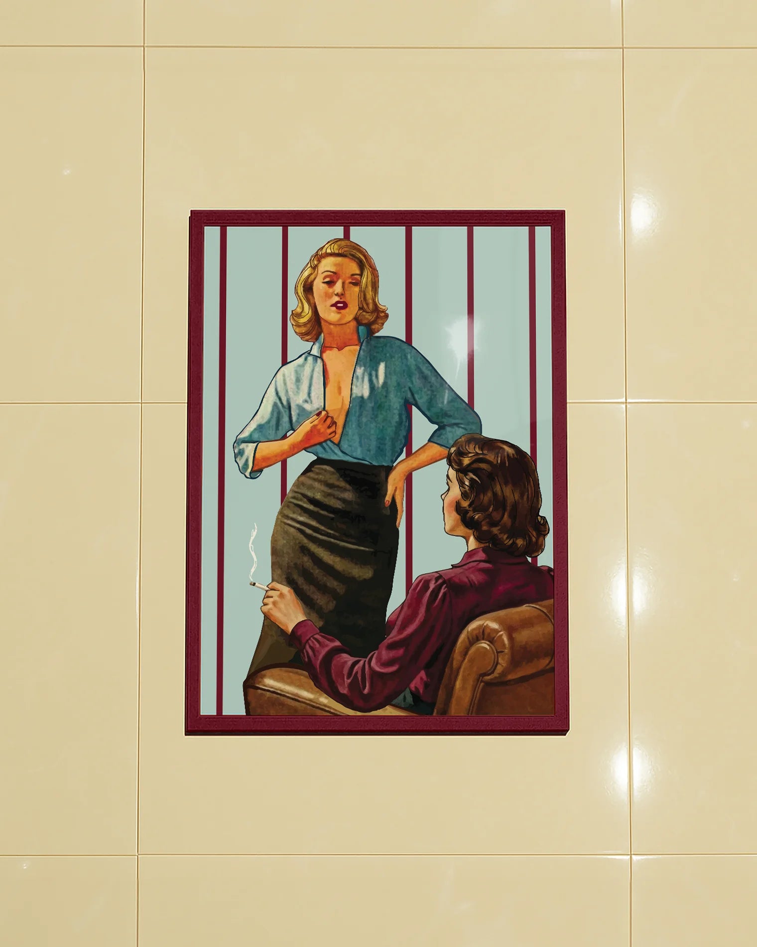 A framed poster with a sapphic couple seducing each other, 1940's style.