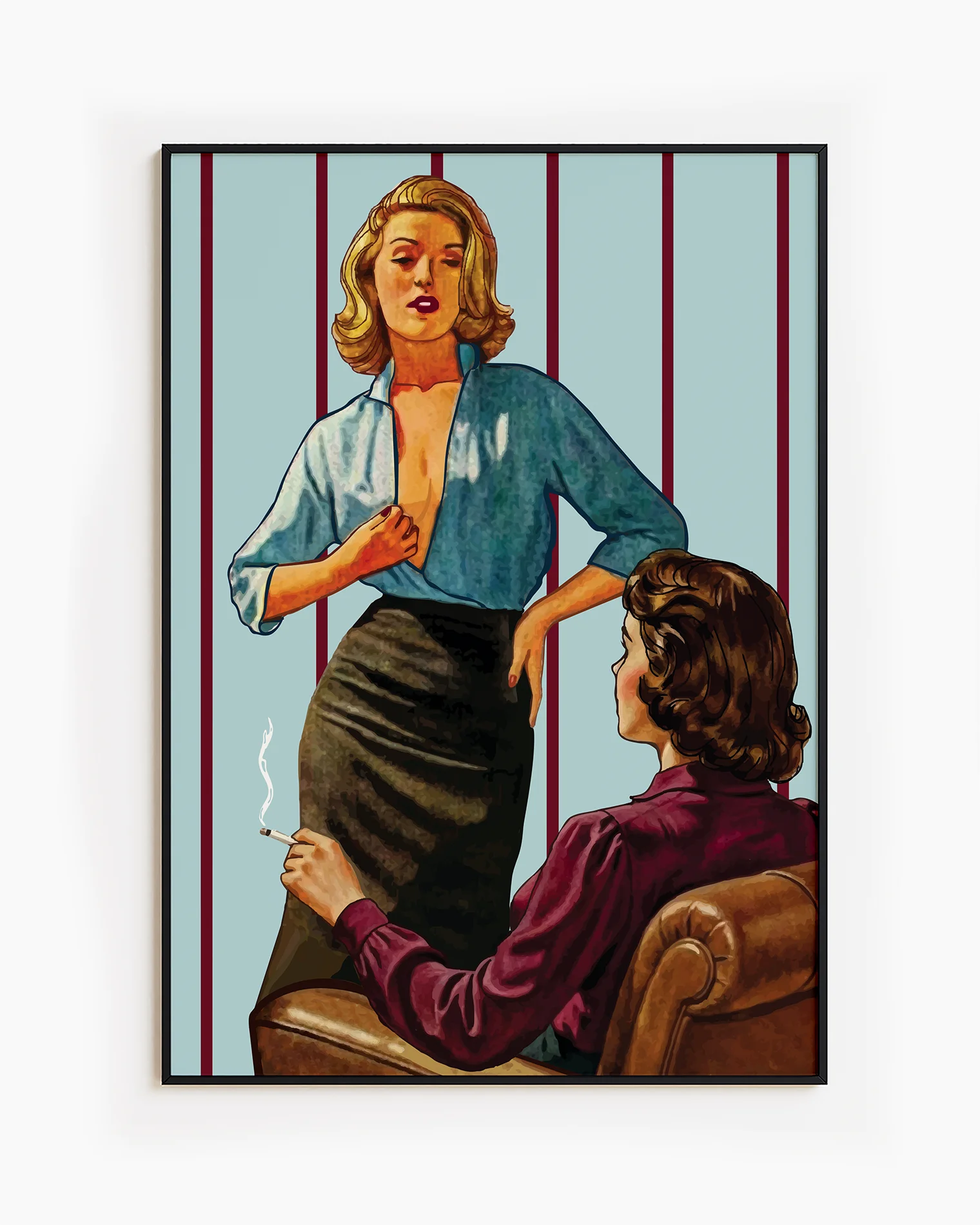 A framed poster with a sapphic couple seducing each other, 1940's style.