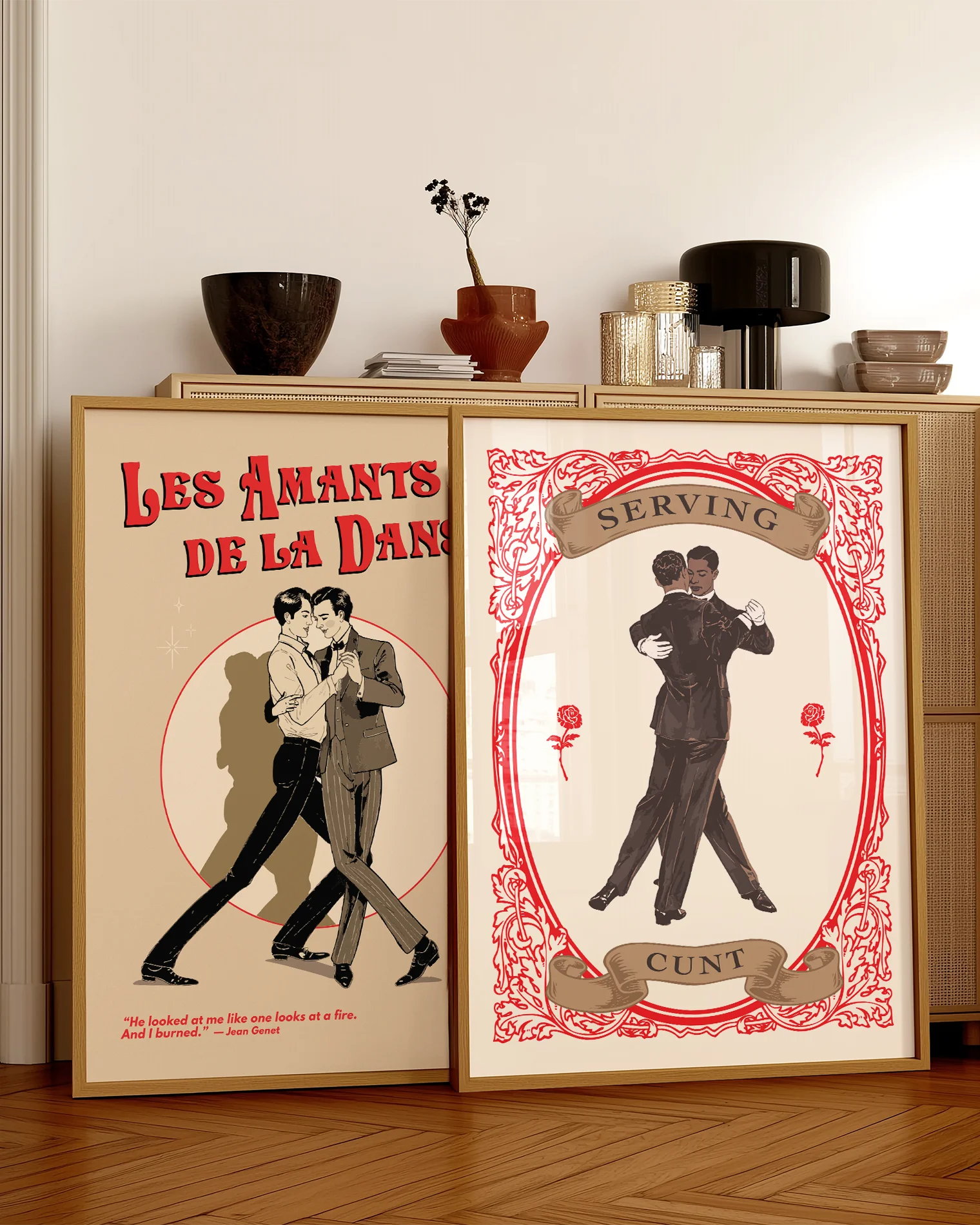 A poster with two illustrated gay men in the 60's, dancing together with the text 'Serving C*nt'.