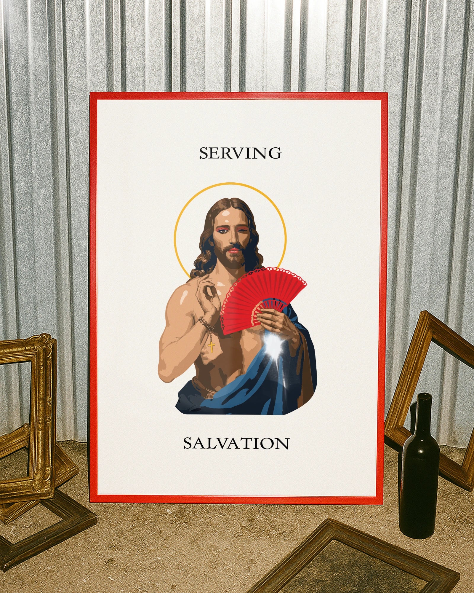 A poster with an illustrated Jesus in red makeup, holding a handfan with the text 'Serving Salvation'.