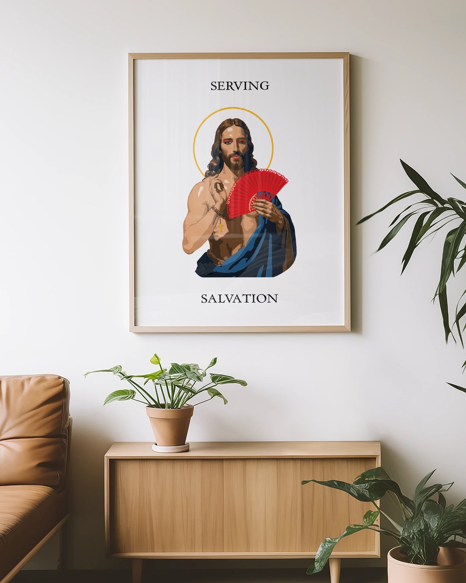 A poster with an illustrated Jesus in red makeup, holding a handfan with the text 'Serving Salvation'.