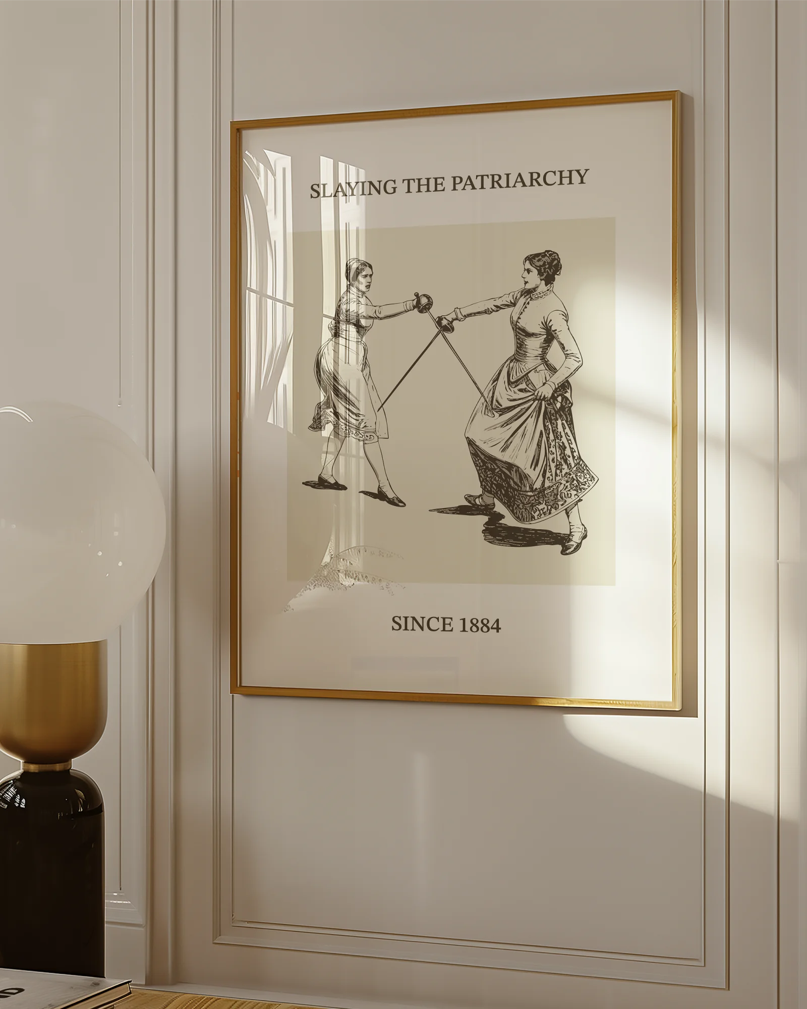 The poster features two women fencing, with the text: “SLAYING THE PATRIARCHY SINCE 1884.”