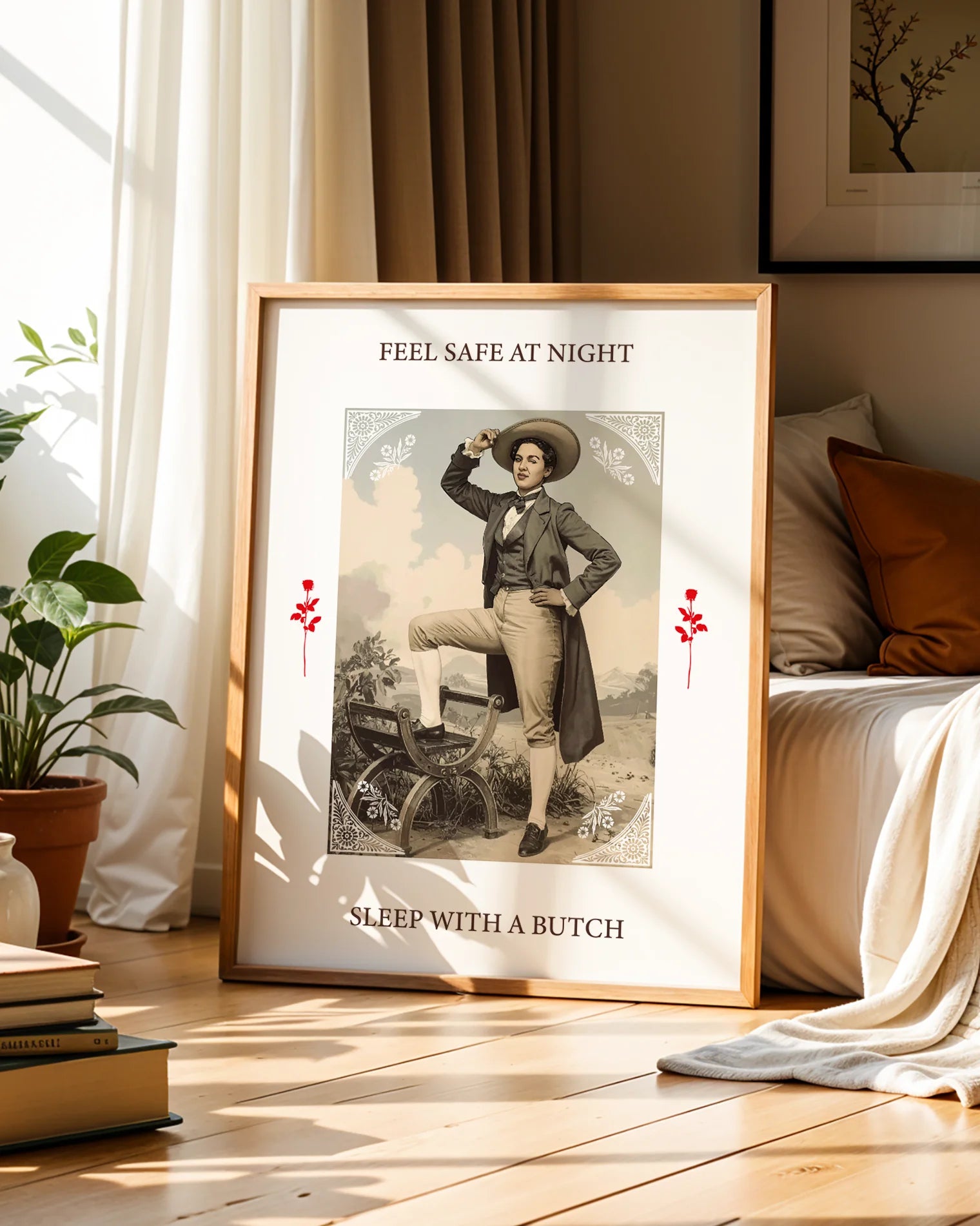 A poster featuring a charming butch dyke in a suit and hat, with the text 'FEEL SAFE AT NIGHT, SLEEP WITH A BUTCH'.