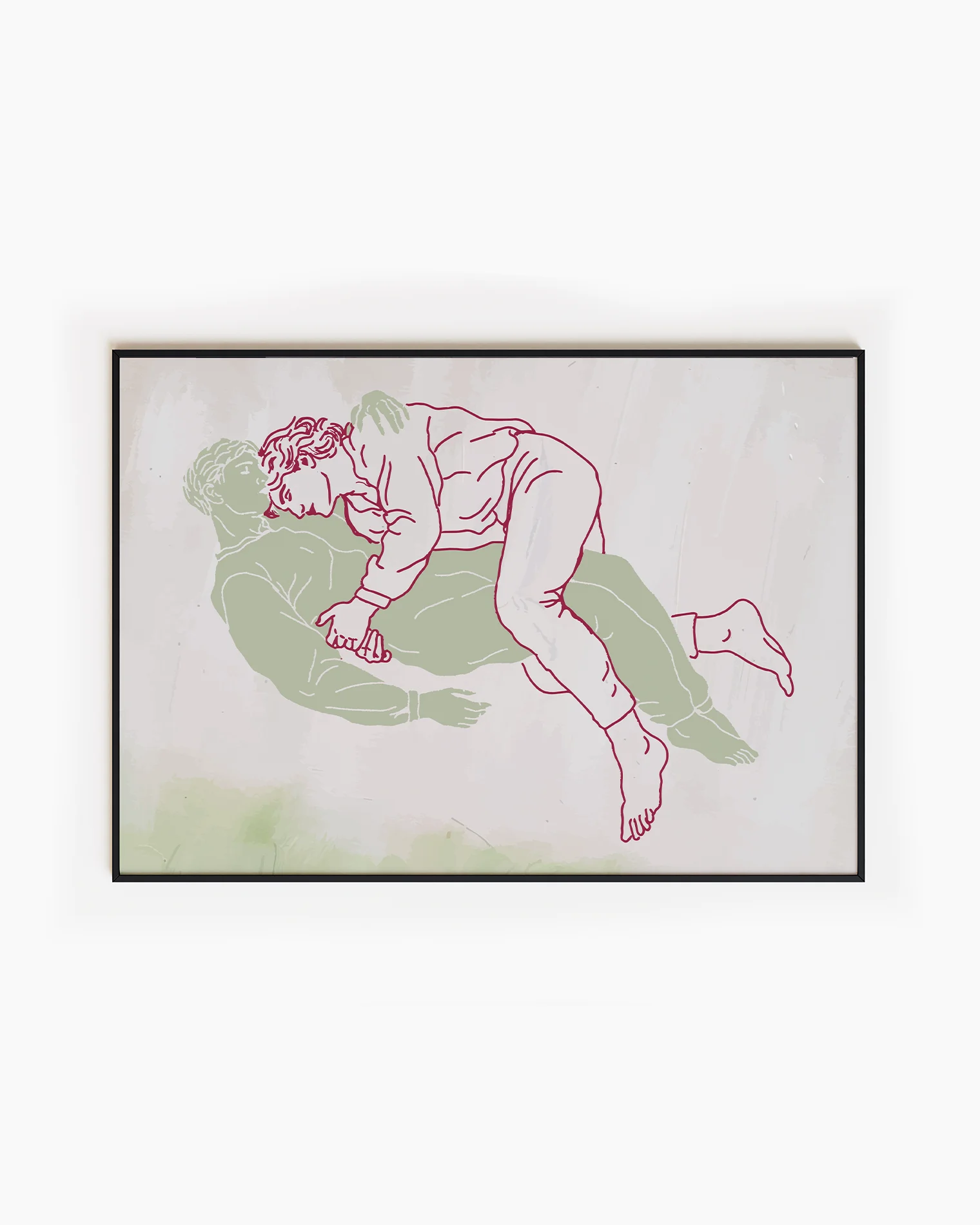 An abstract, landscape formatted poster with two gay men laying down cuddling.