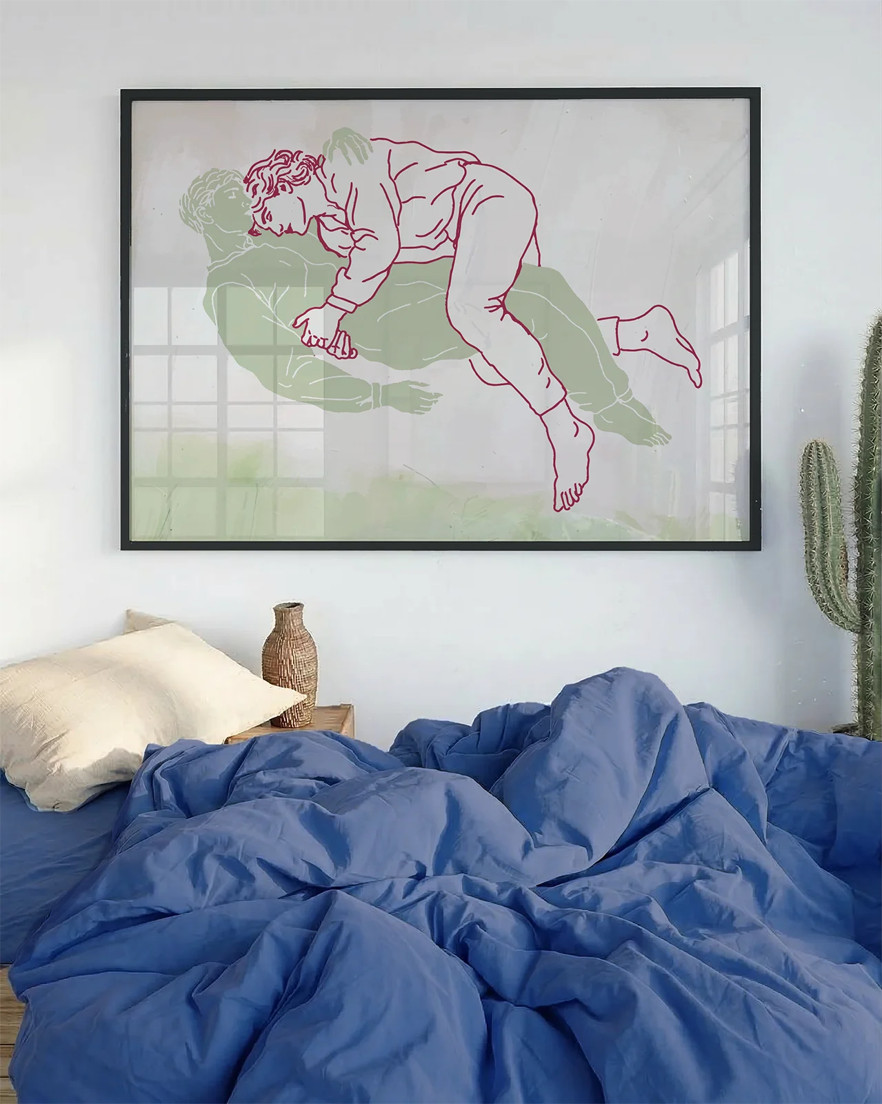 An abstract, landscape formatted poster with two gay men laying down cuddling.