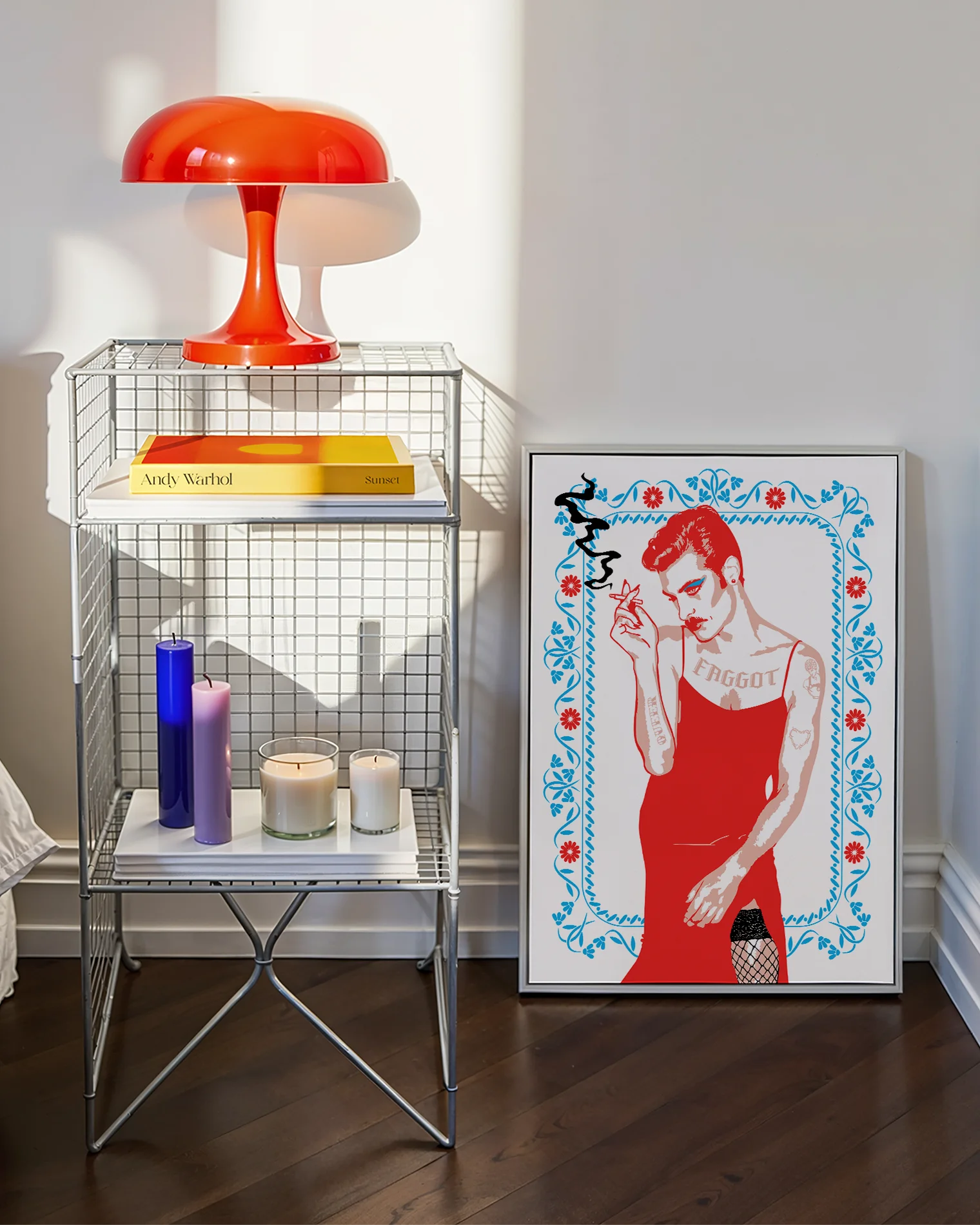 A poster with an illustrated, queer person smoking a cigarette, dressed in a red dress and heavy makeup.