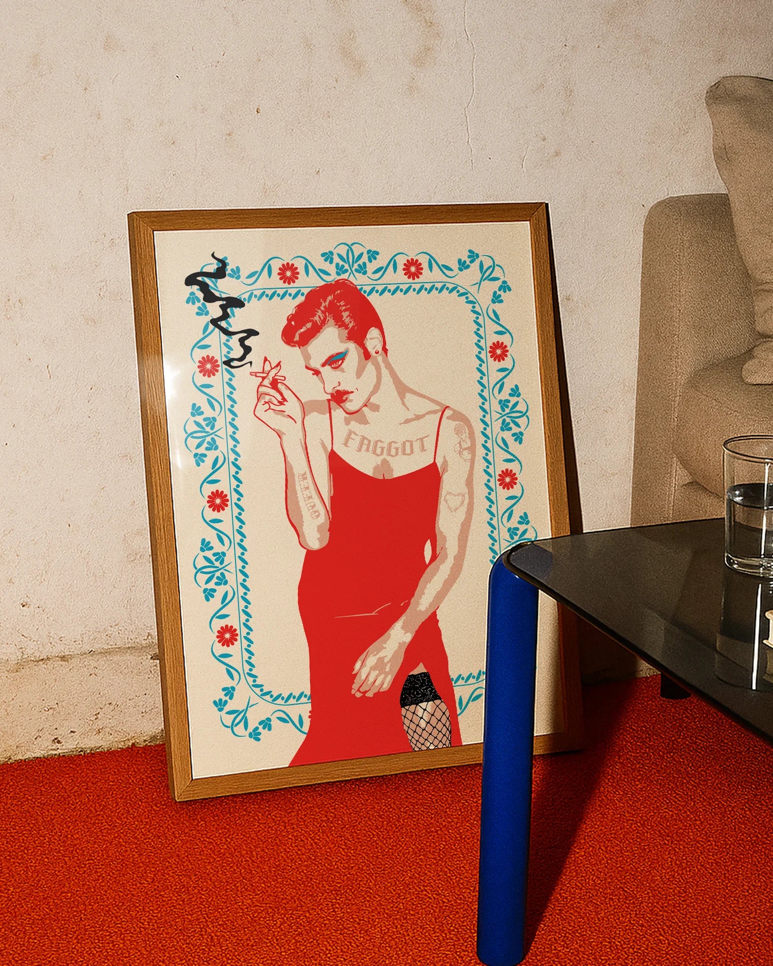 A poster with an illustrated, queer person smoking a cigarette, dressed in a red dress and heavy makeup.