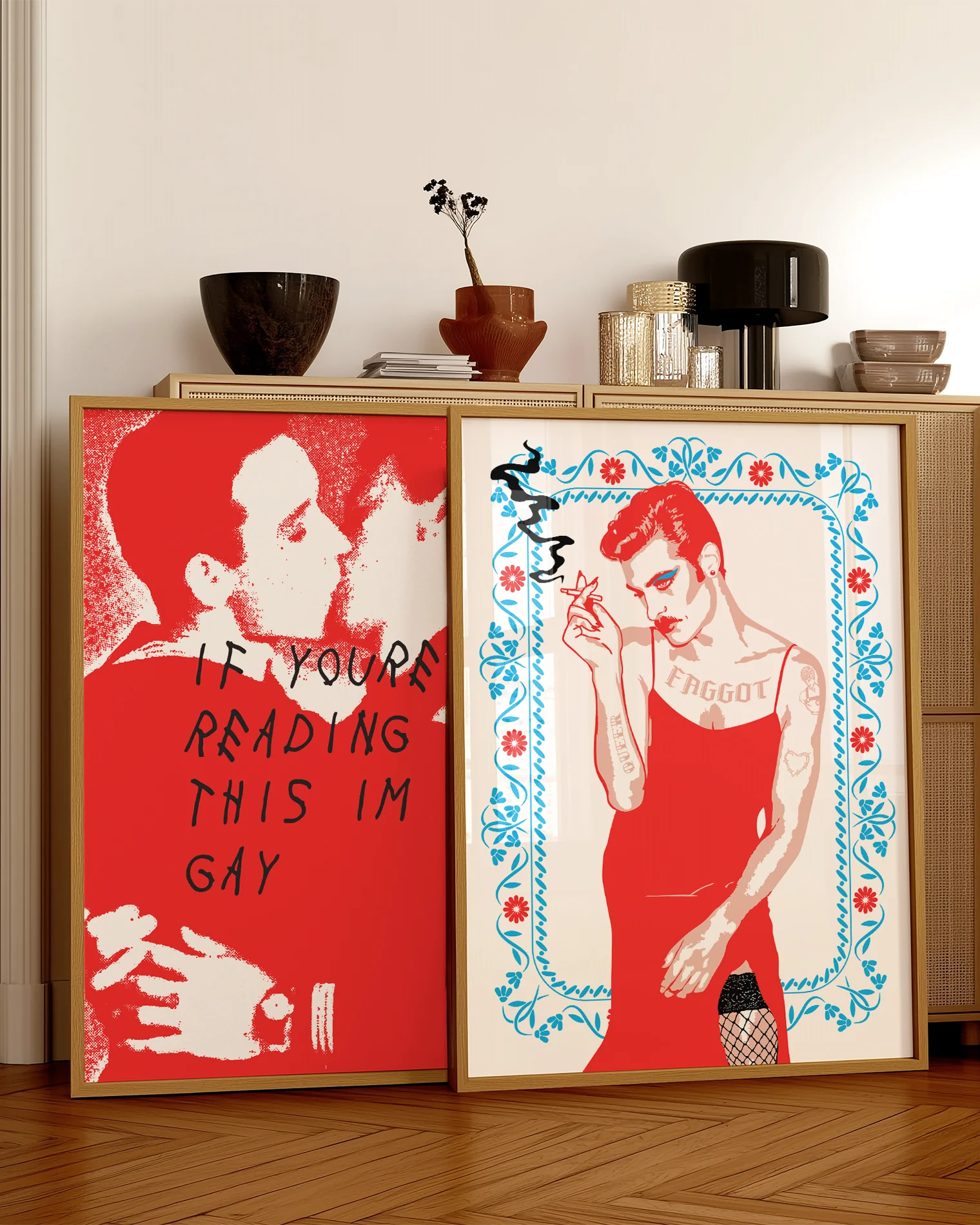 A poster with an illustrated, queer person smoking a cigarette, dressed in a red dress and heavy makeup.