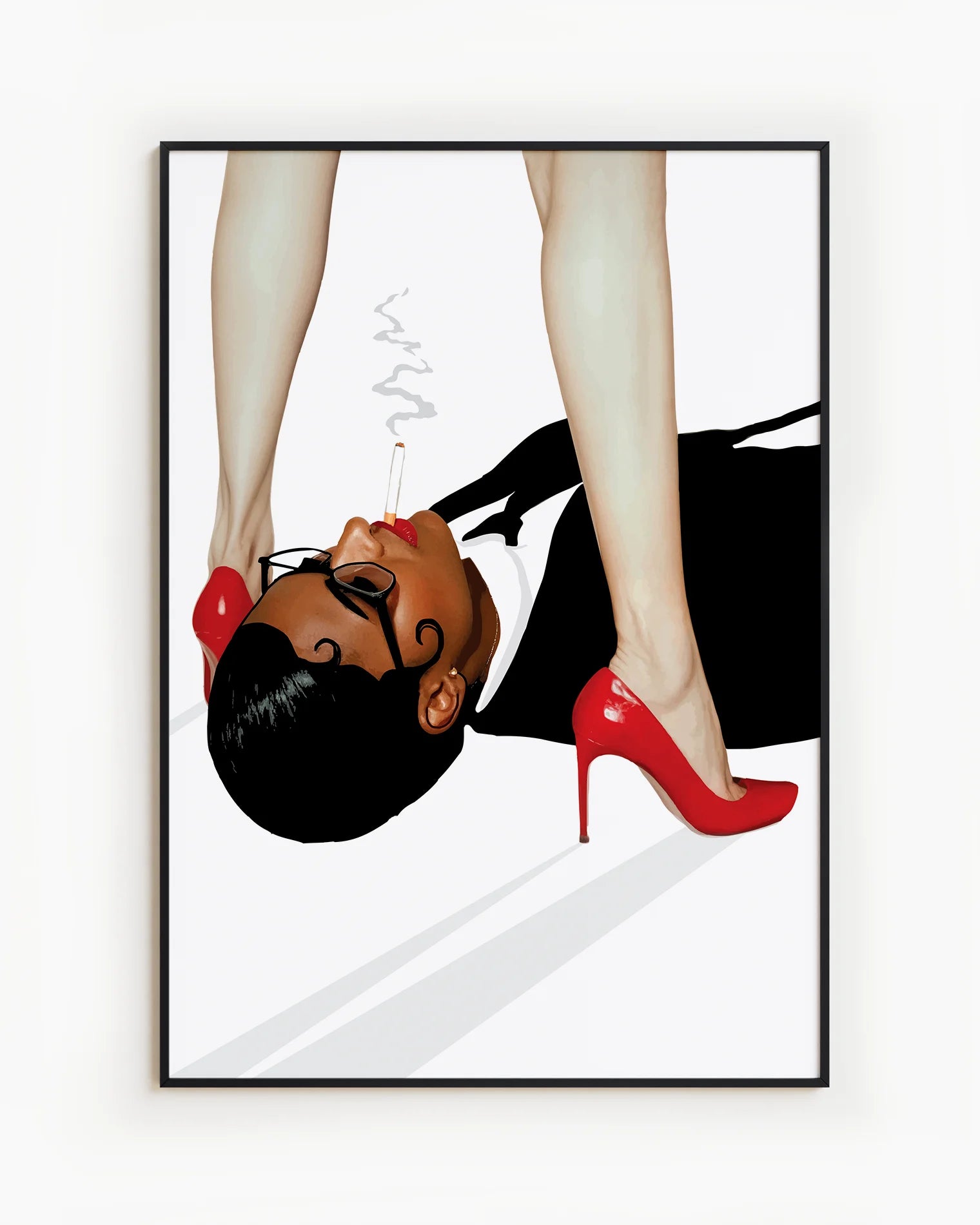 A poster featuring a woman in a blazer, lying on the floor with a cigarette in her mouth, gazing up at another woman standing over her in red heels.