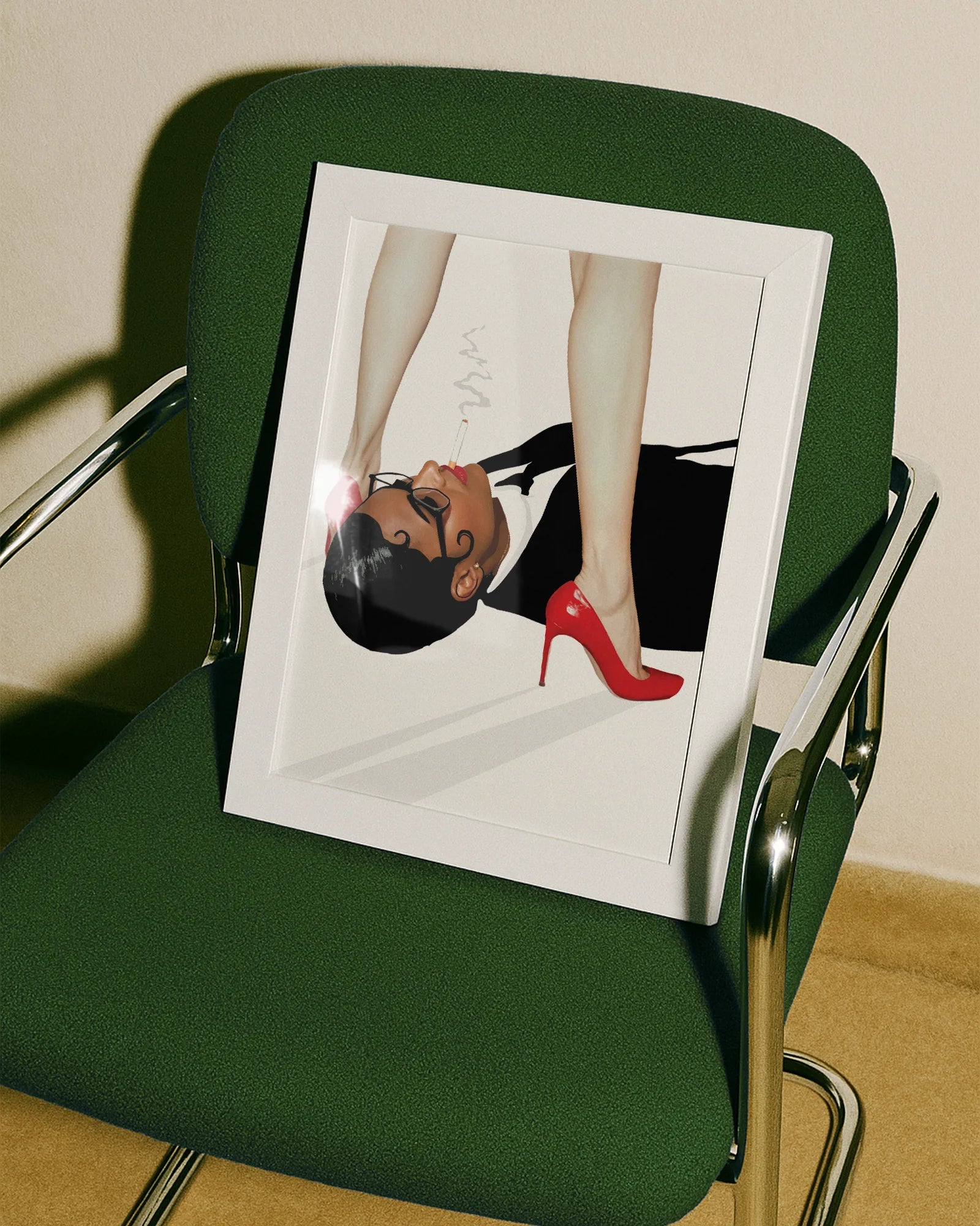 A poster featuring a woman in a blazer, lying on the floor with a cigarette in her mouth, gazing up at another woman standing over her in red heels.