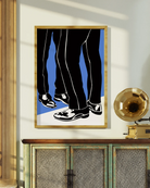 A print with two illustrated legs in suit pants standing in front of each other.