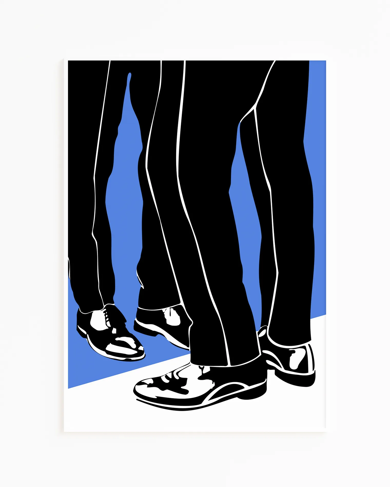 A print with two illustrated legs in suit pants standing in front of each other.