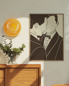 A poster with a silhouette of two men in suits facing each other.