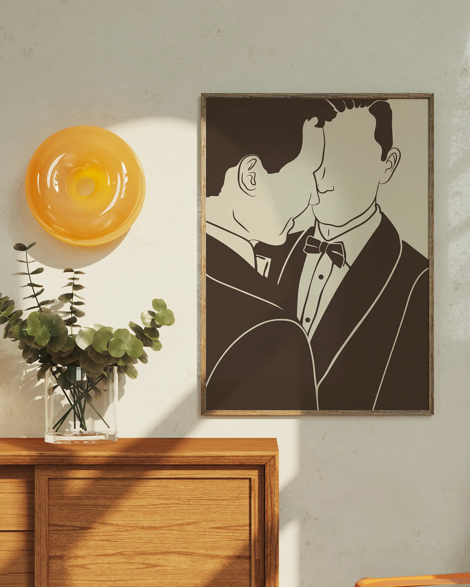 A poster with a silhouette of two men in suits facing each other.