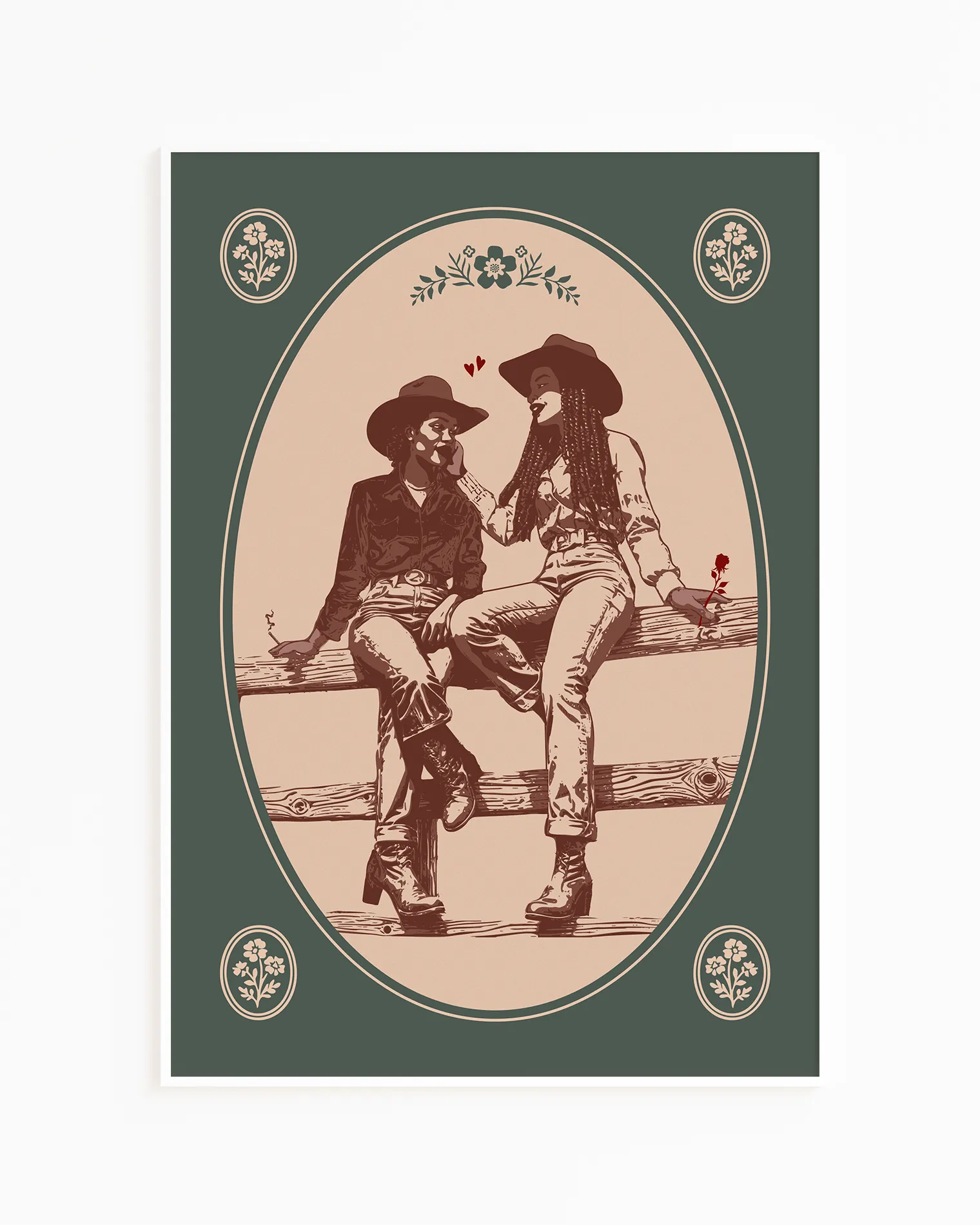A print with an illustrated, sapphic cowgirl couple sitting on a fence.