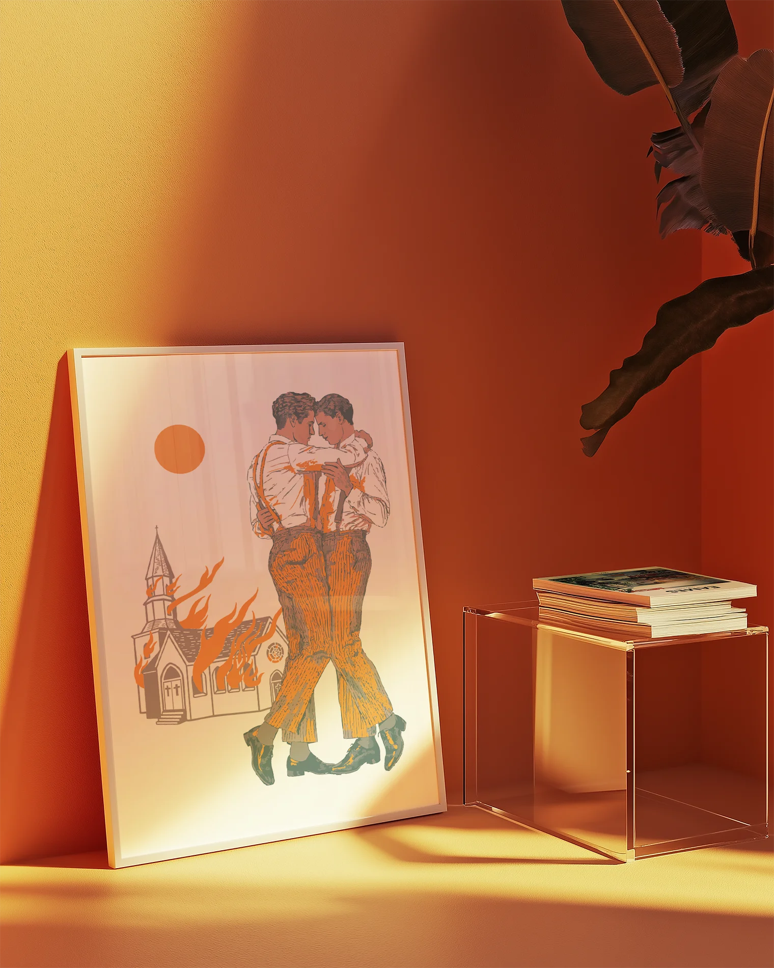 A framed poster depicting two gay men dancing in front of a burning church.