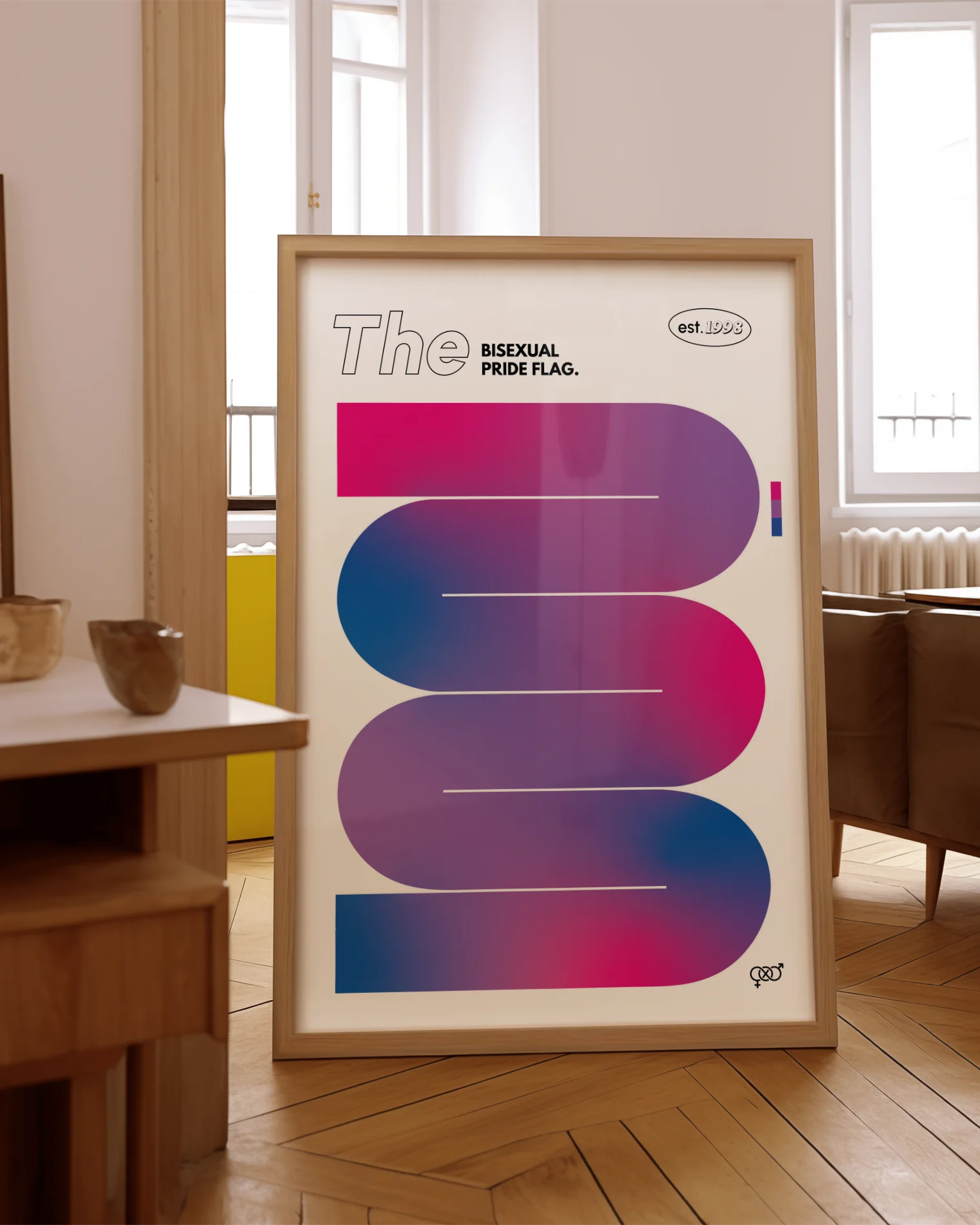 A print with the bisexual pride flag in a smooth, curvy and abstract shape.