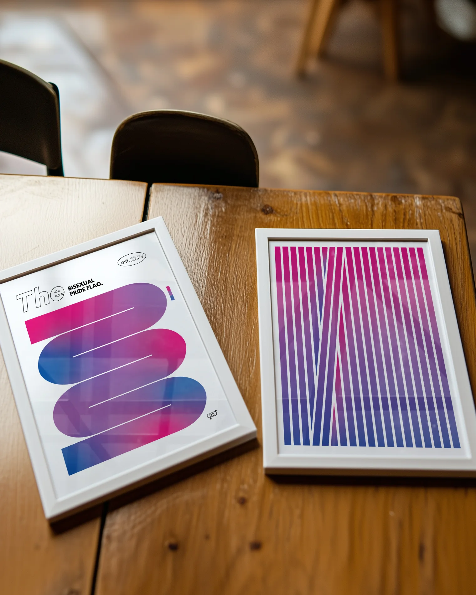 A print with the bisexual pride flag in a smooth, curvy and abstract shape.