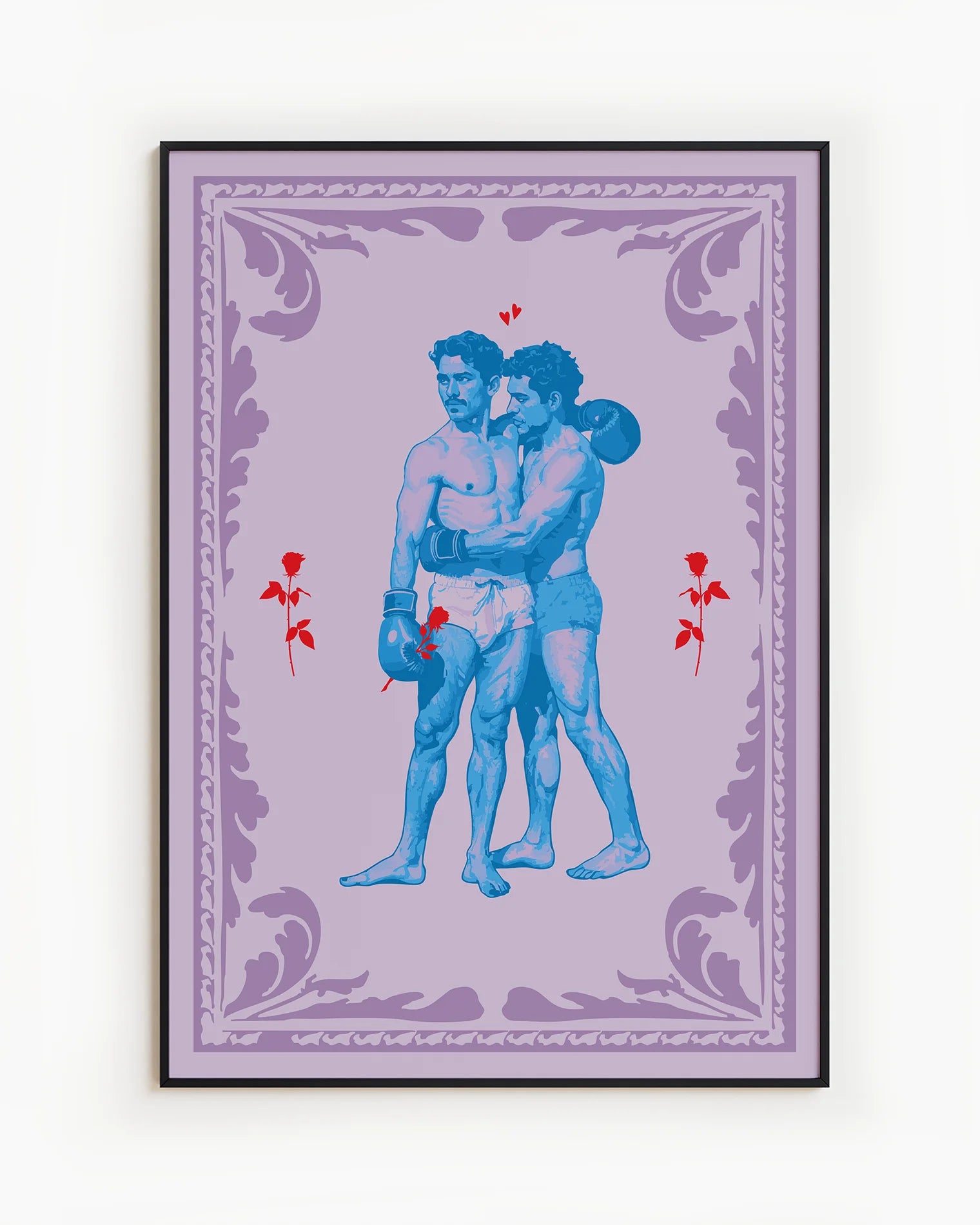 A poster that features two muscular queer boxers in a romantic embrace, surrounded by red roses and a purple frame.