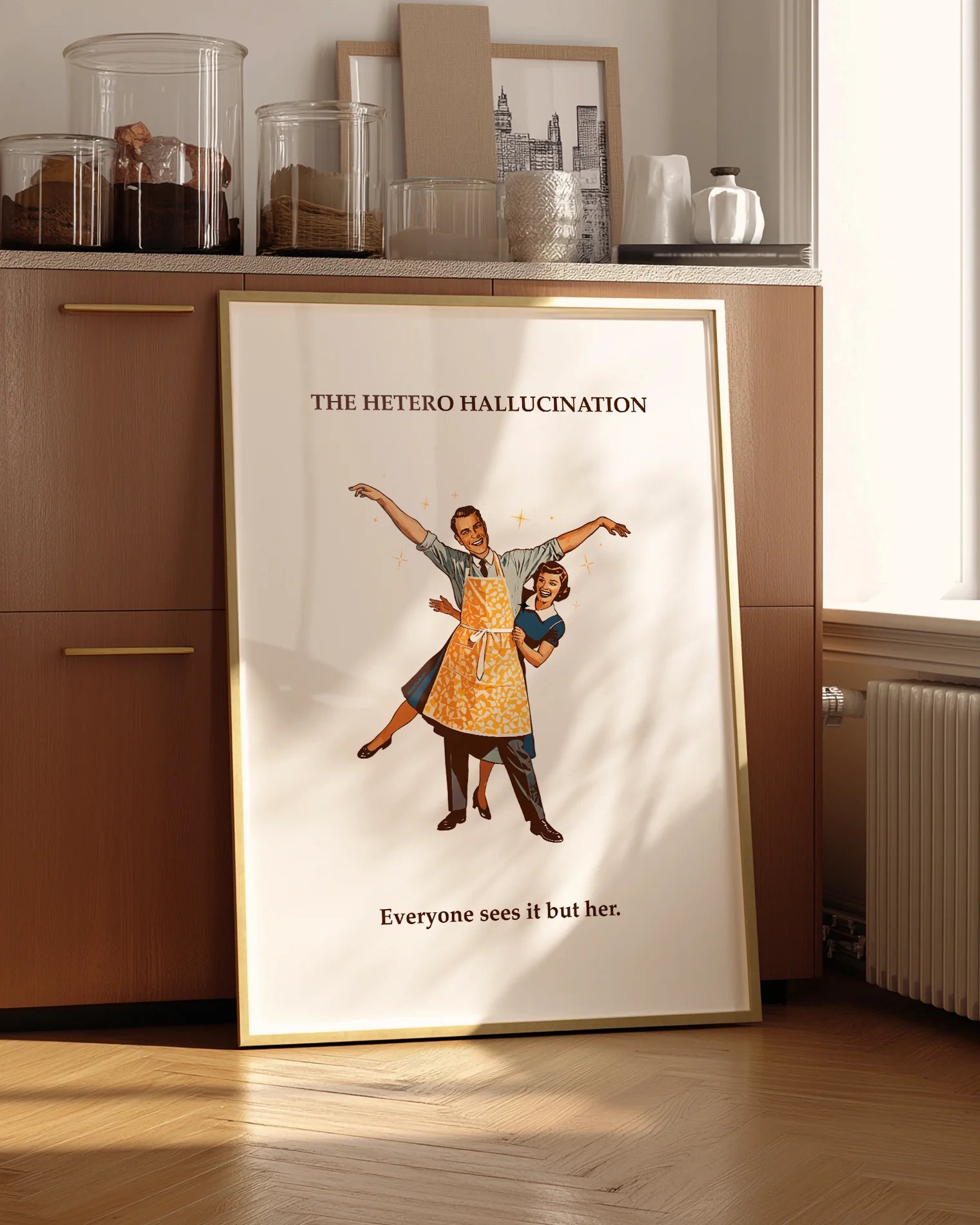 A poster featuring a joyful wife next to her unmistakably flamboyant husband, paired with the text: “Hetero Hallucination – Everyone sees it but her.”