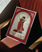 A poster with an illustrated, sapphic couple in the 1700's, posing in red dresses with the text 'The Lovers'.