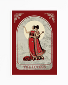 A poster with an illustrated, sapphic couple in the 1700's, posing in red dresses with the text 'The Lovers'.