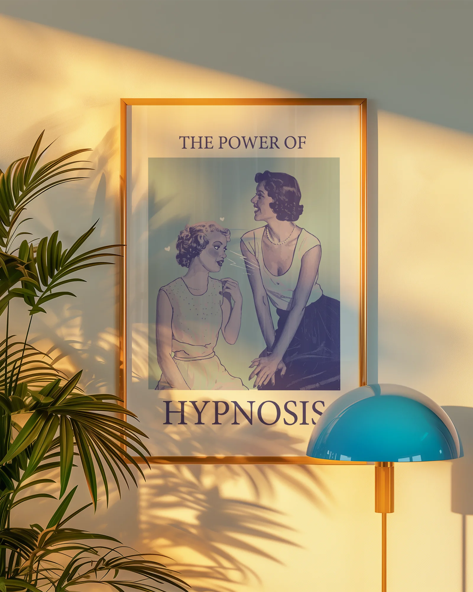 A poster with a woman staring unabashedly and fascinated at another woman’s chest, with the text: ‘THE POWER OF HYPNOSIS.