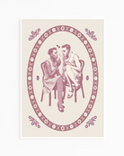 A poster with an illustrated, queer and genderfluid couple in dresses and makeup smoking together on two stools. Vintage and normbreaking poster.