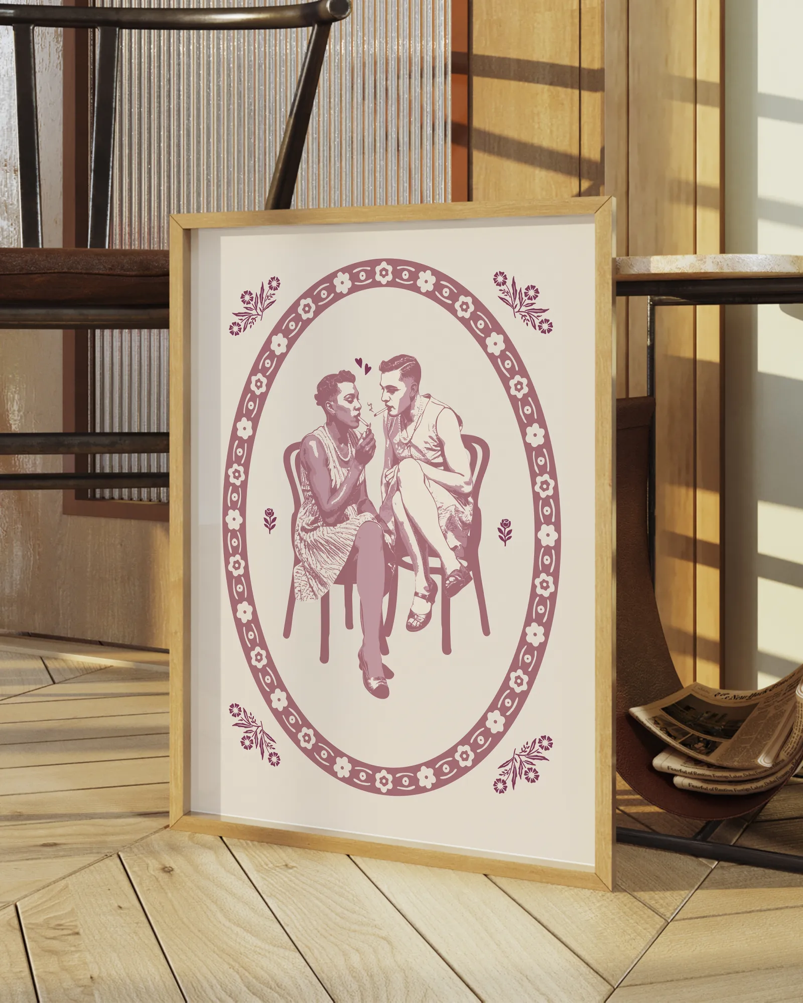 A poster with an illustrated, queer and genderfluid couple in dresses and makeup smoking together on two stools. Vintage and normbreaking poster.